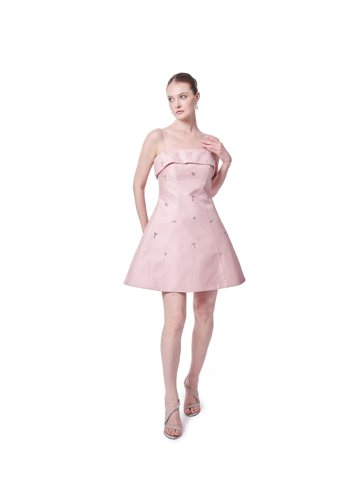 Beaded short dress with thin straps A-line and pockets