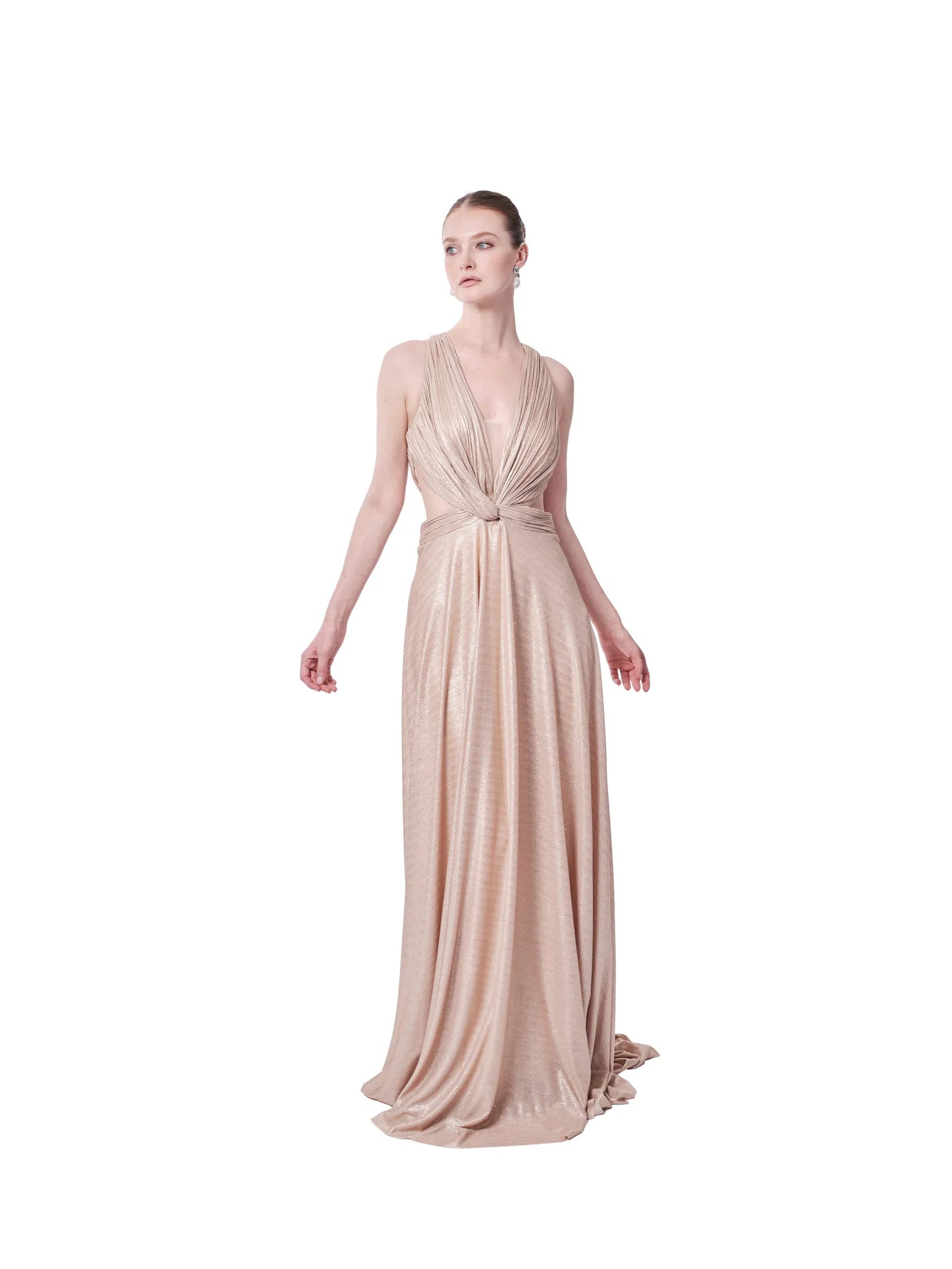 Deep V-neck evening gown side cutout with train
