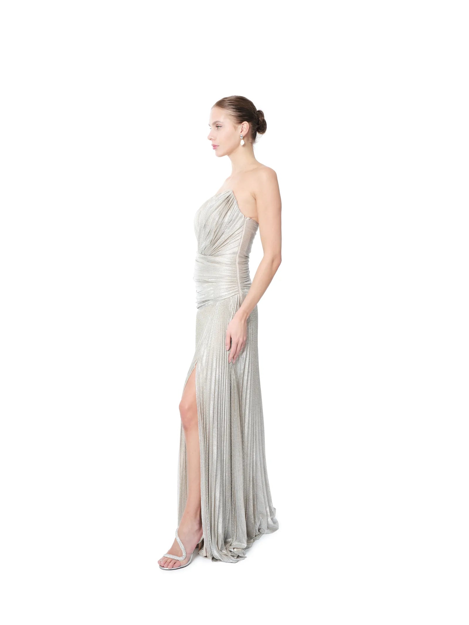 Evening dress metallic strapless pleated