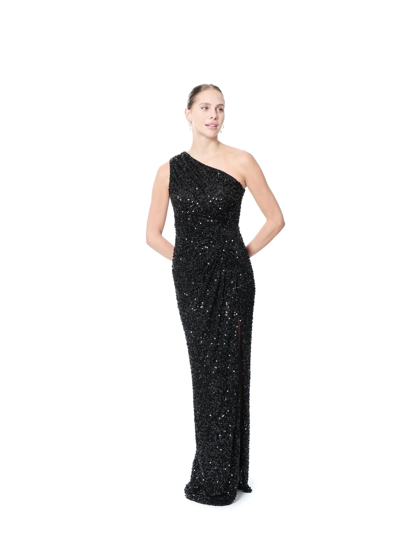 Evening dress one shoulder sequin slit detail