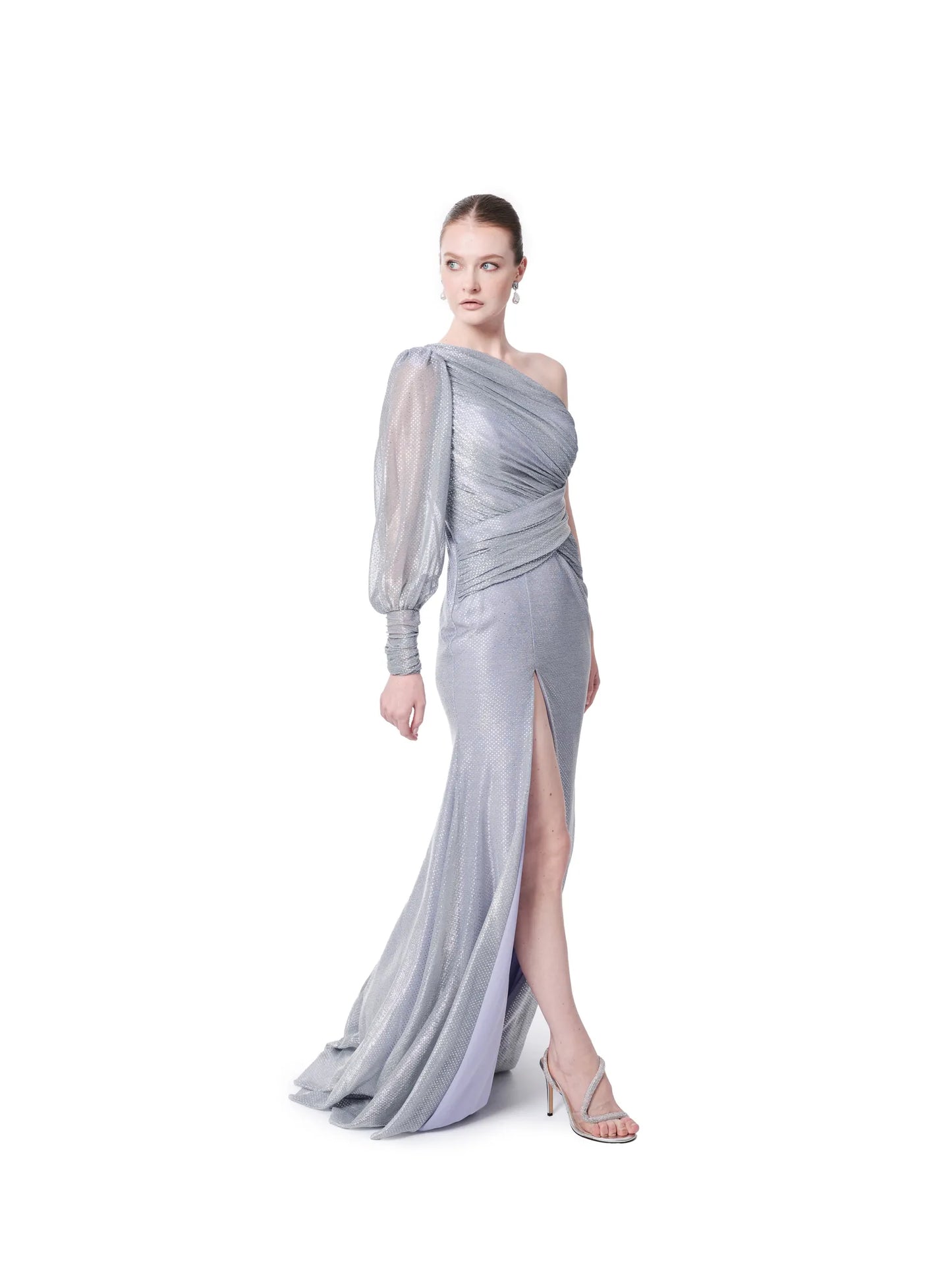 Evening dress one shoulder shimmer fabric
