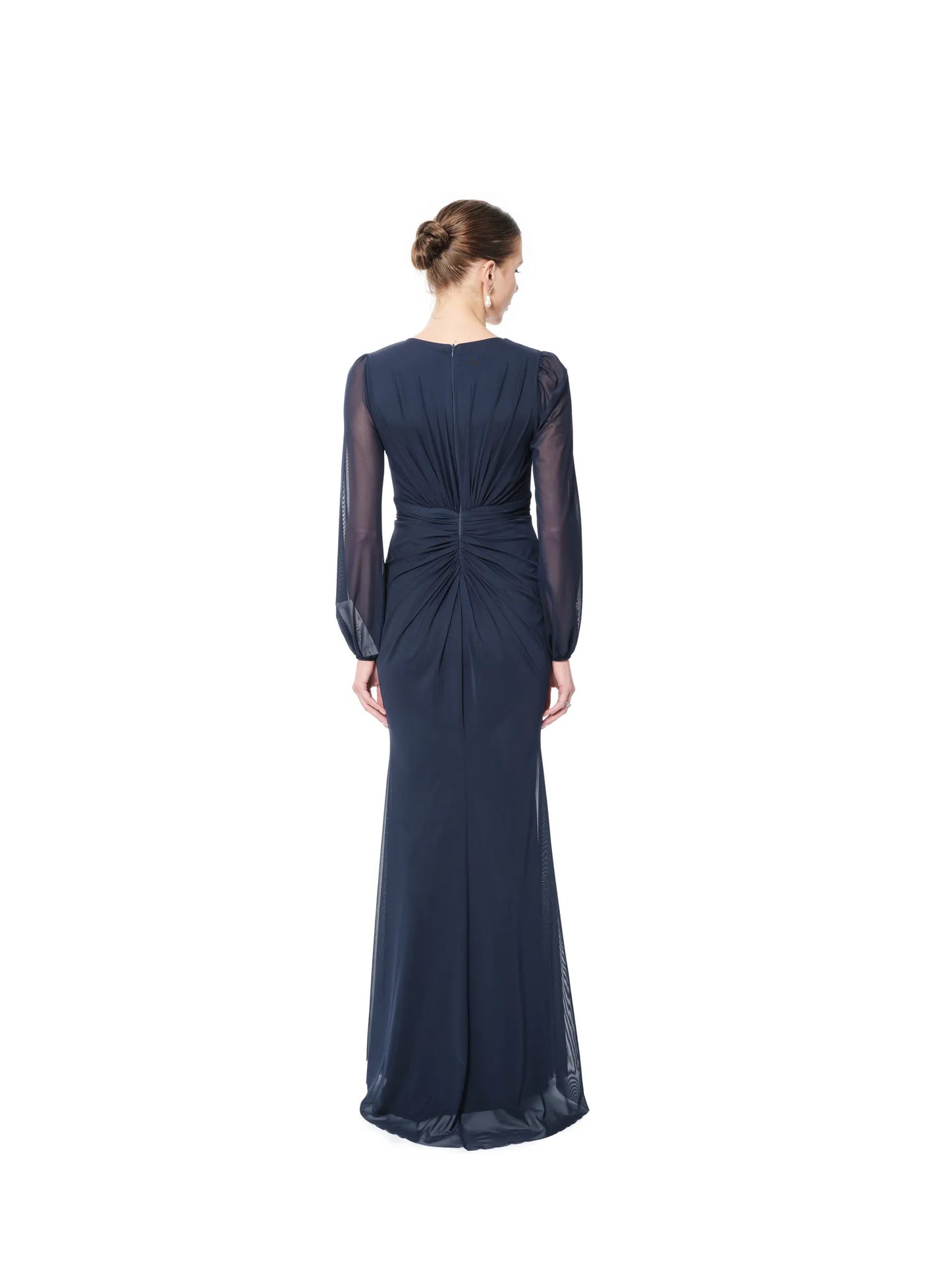 Evening gown long sleeve sheer beaded cutout