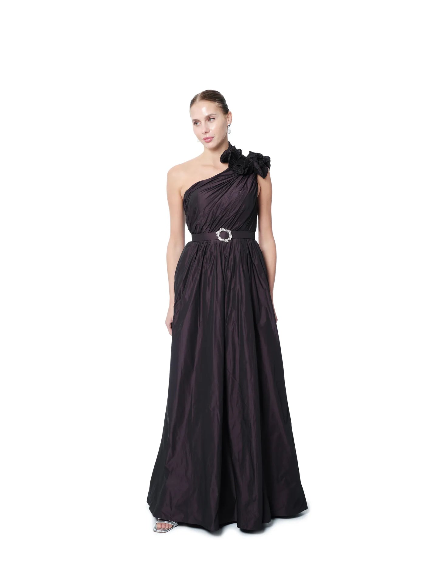 Floral dress one shoulder crystal belt slit