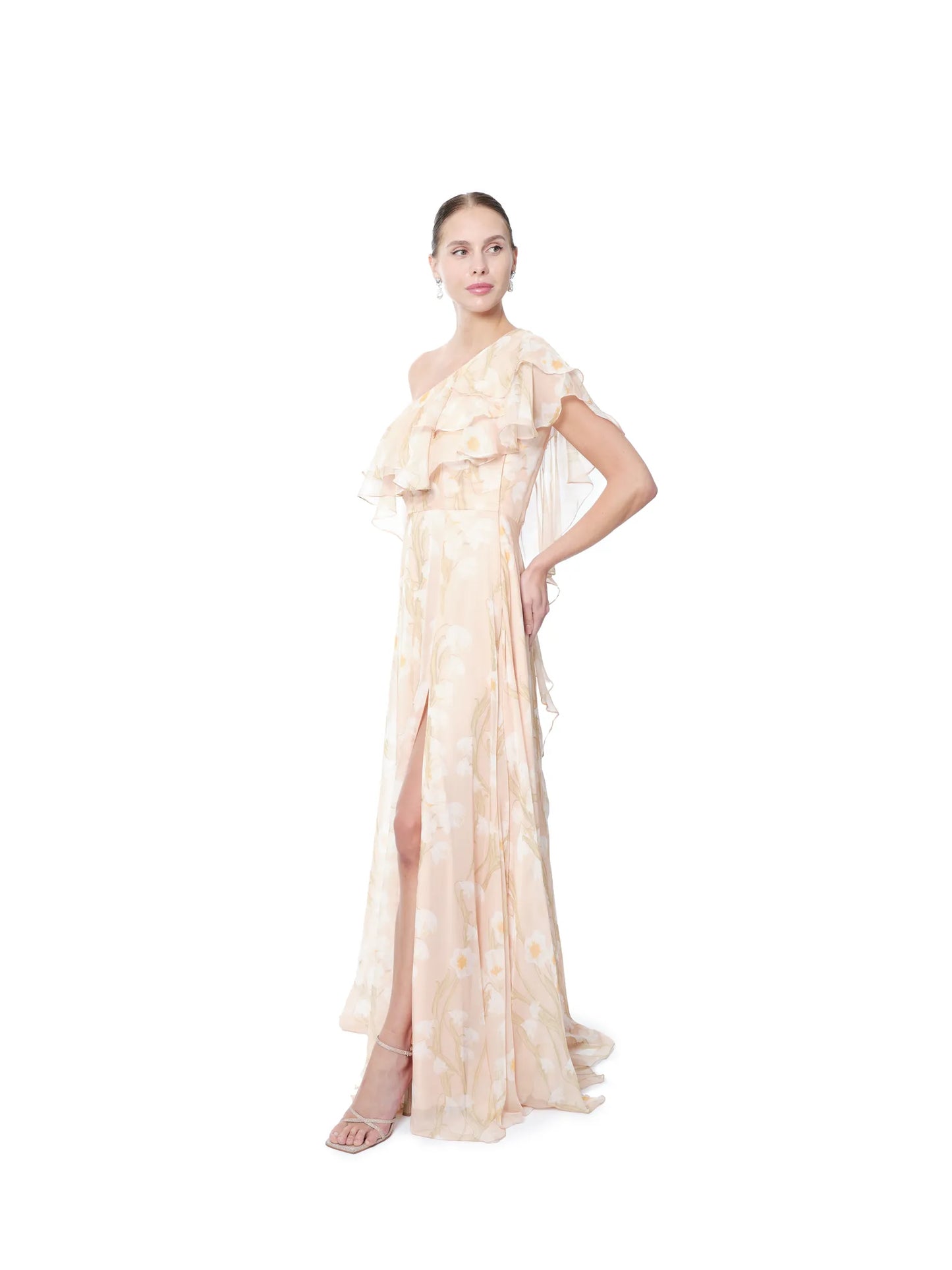 Floral dress one shoulder ruffle maxi slit