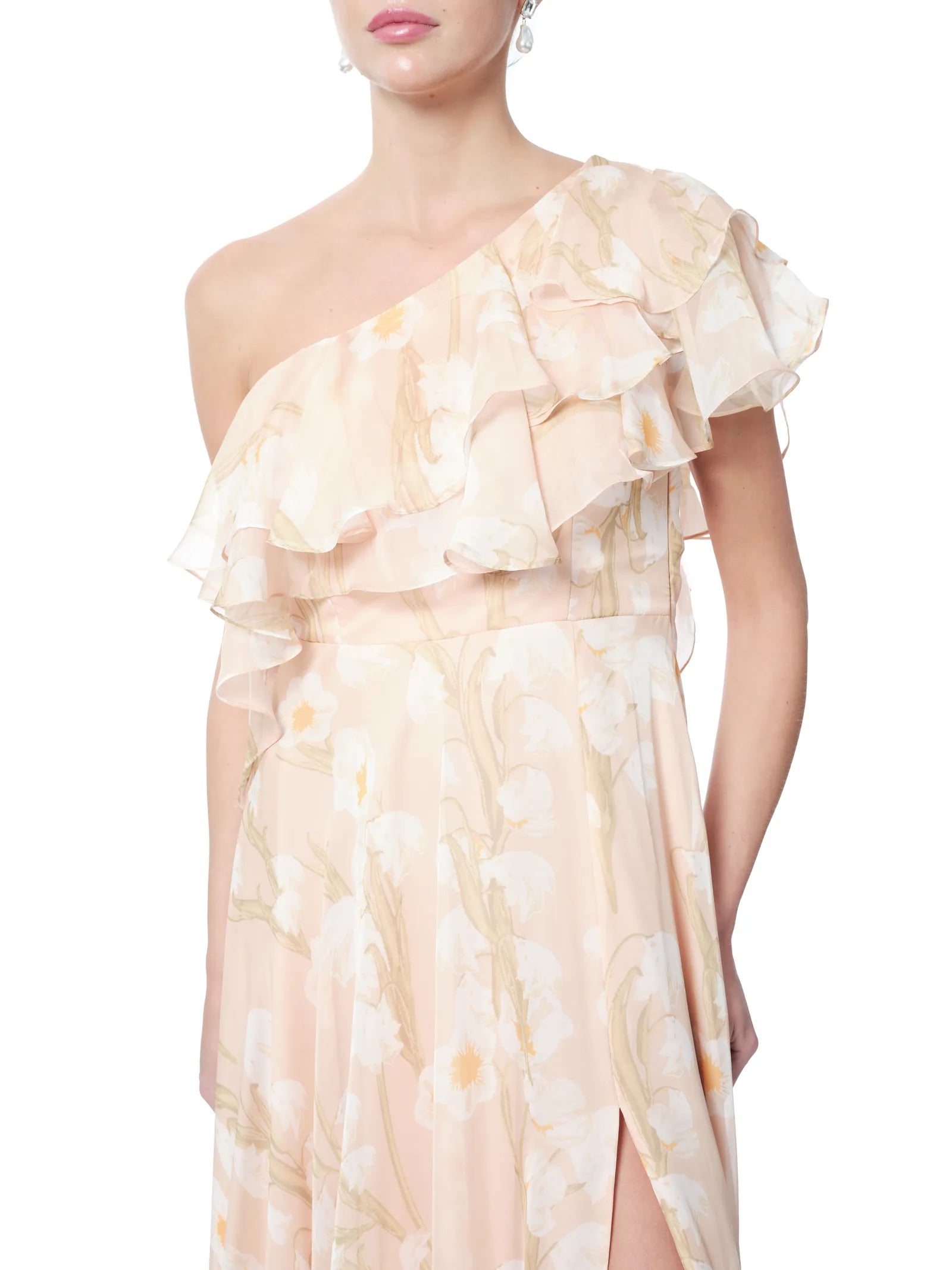 Floral maxi dress one shoulder ruffle detail