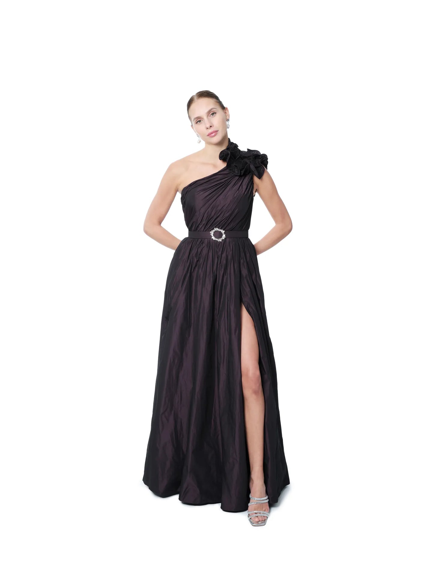 Floral one shoulder evening gown with crystal belt and high slit