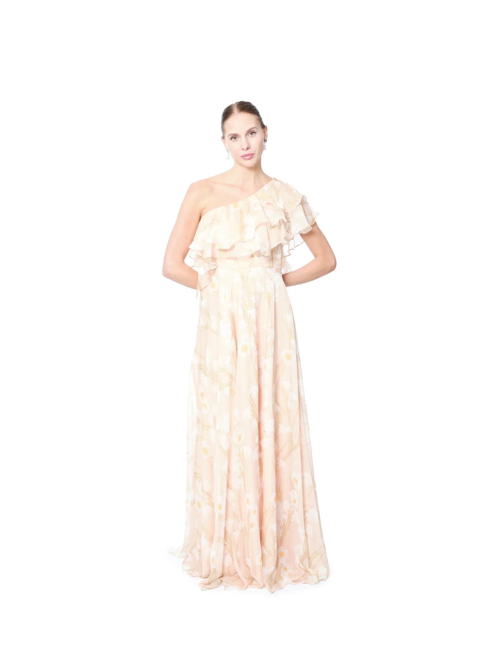 Floral one shoulder ruffled maxi dress with slit