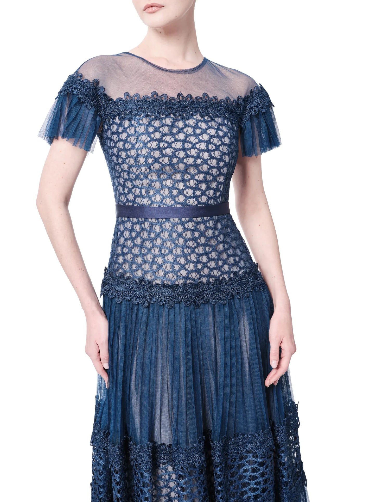 Lace dress midi off shoulder sheer ruffle