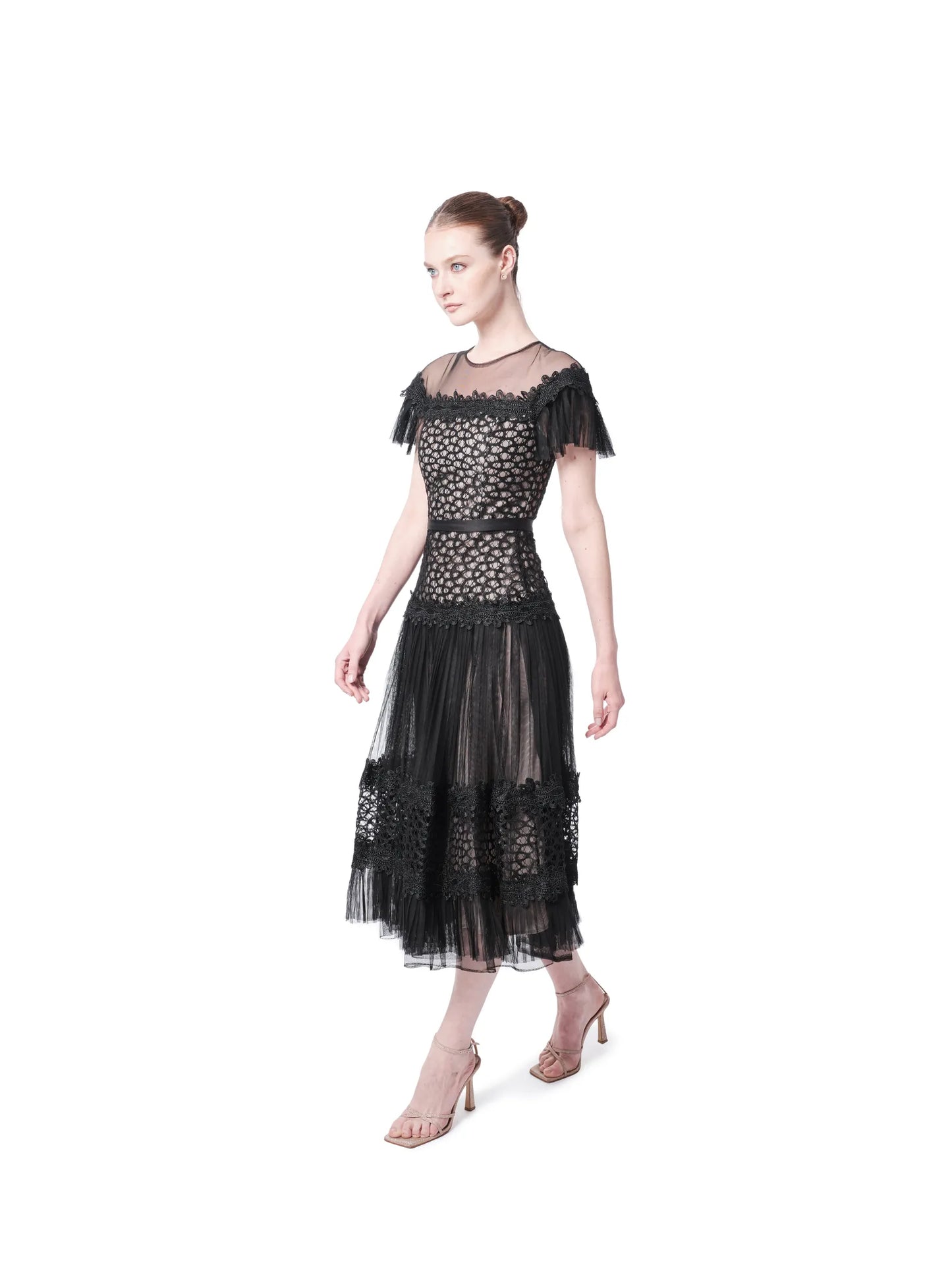 Lace midi dress ruffle off shoulder back