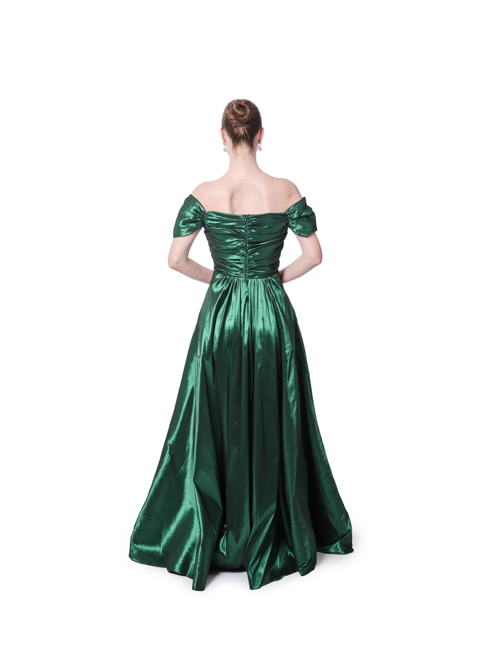 Long evening dress metallic off shoulder pleated