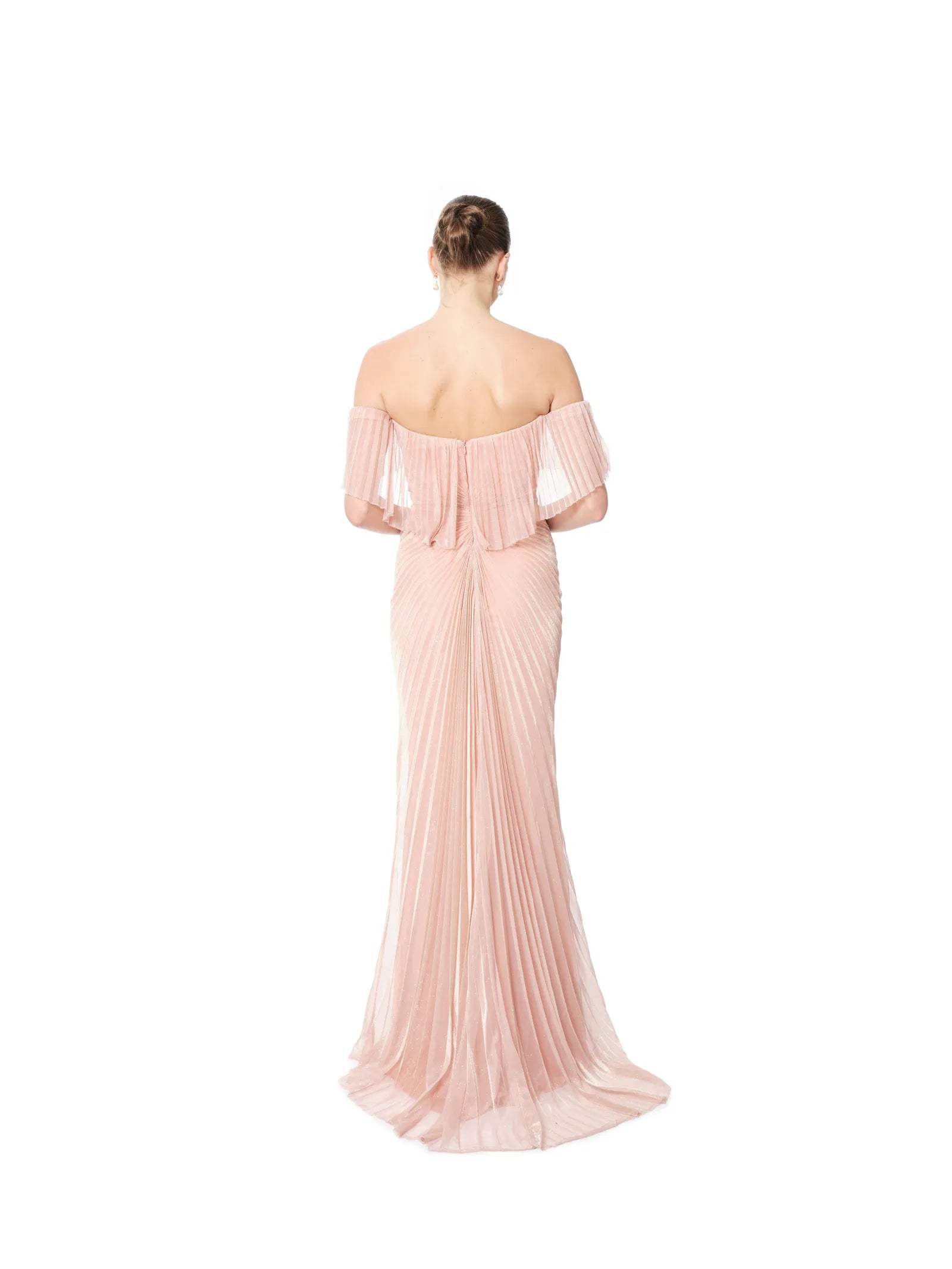 Long evening dress off shoulder sheer pleated