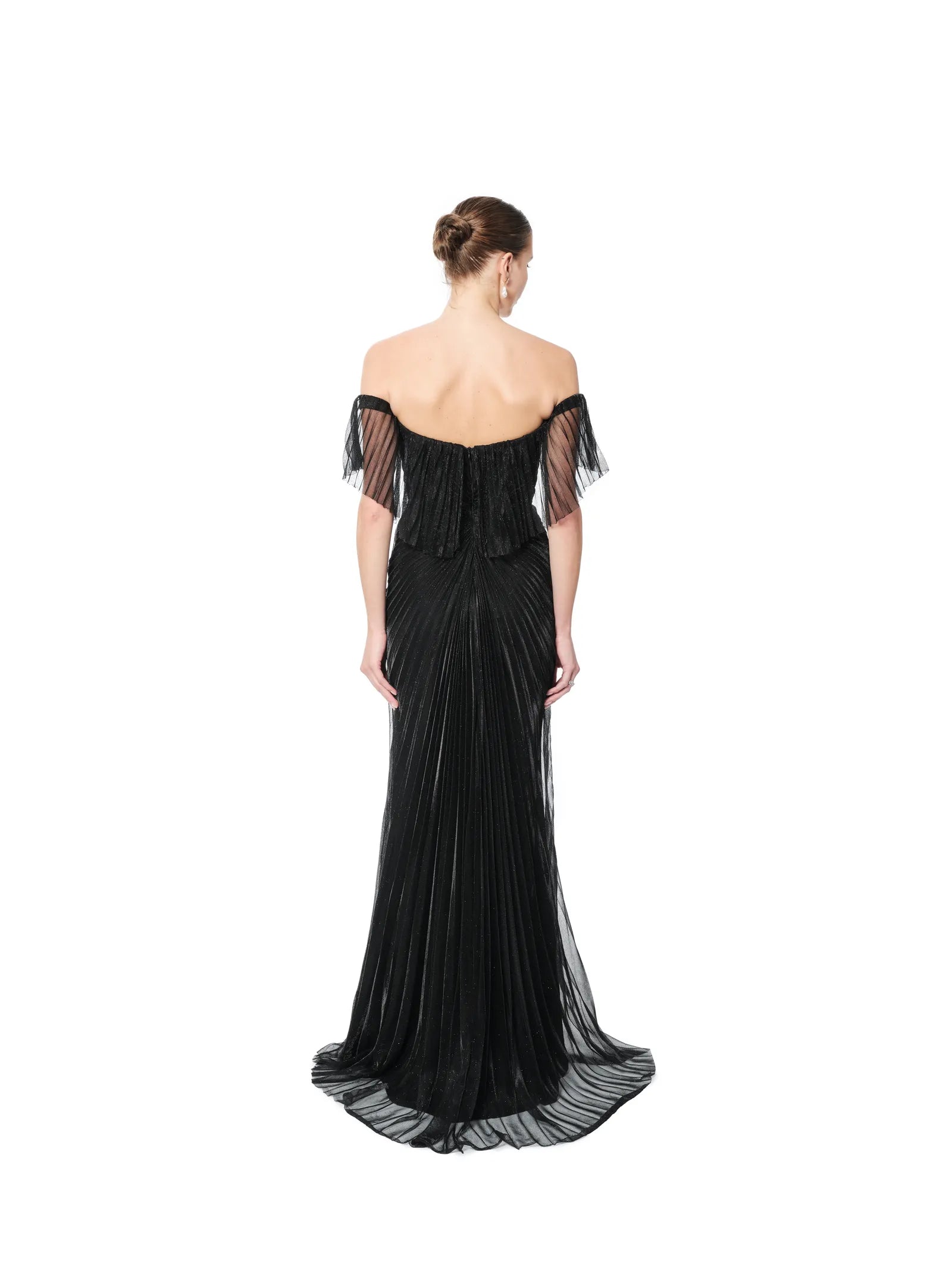 Long pleated dress off shoulder sheer