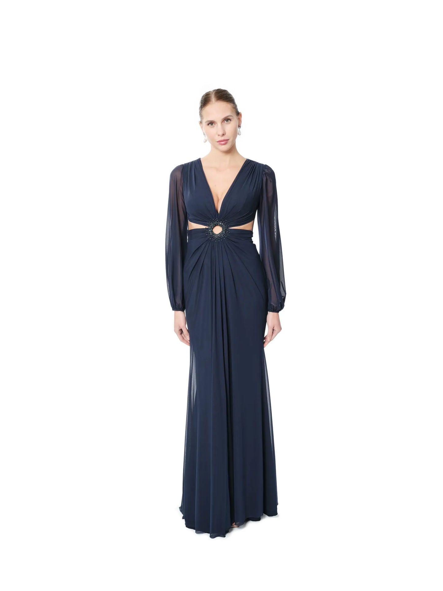 Long sleeve evening dress sheer with beading