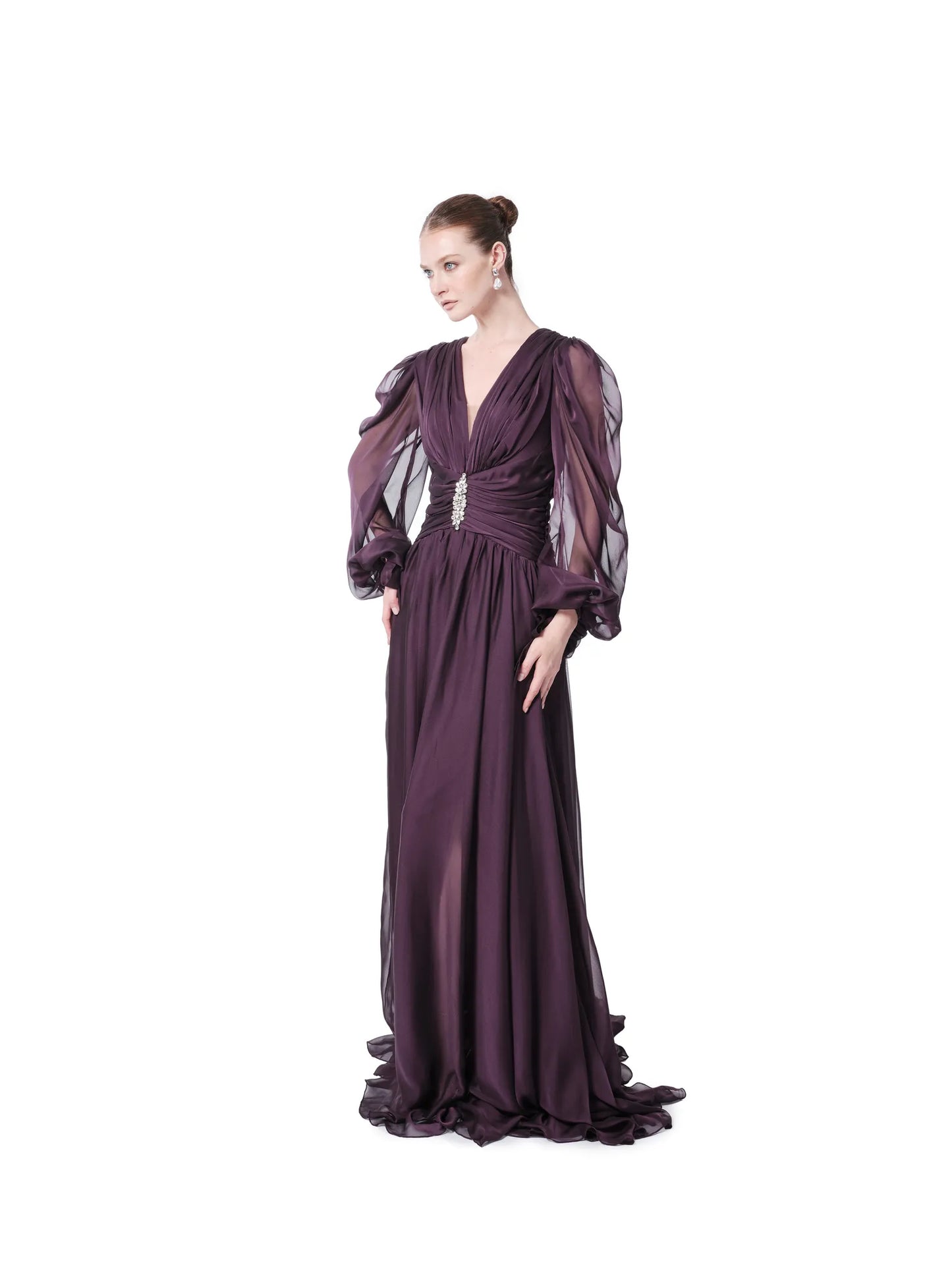 Long sleeve sheer dress crystal waist slit
