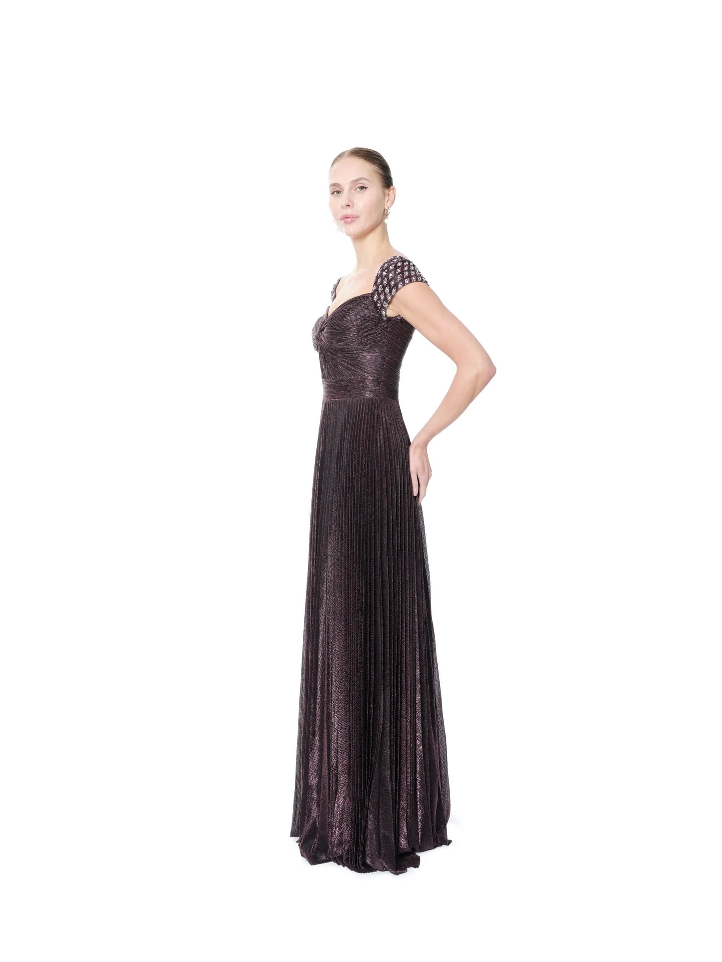 Metallic formal gown crystal sleeves sweetheart