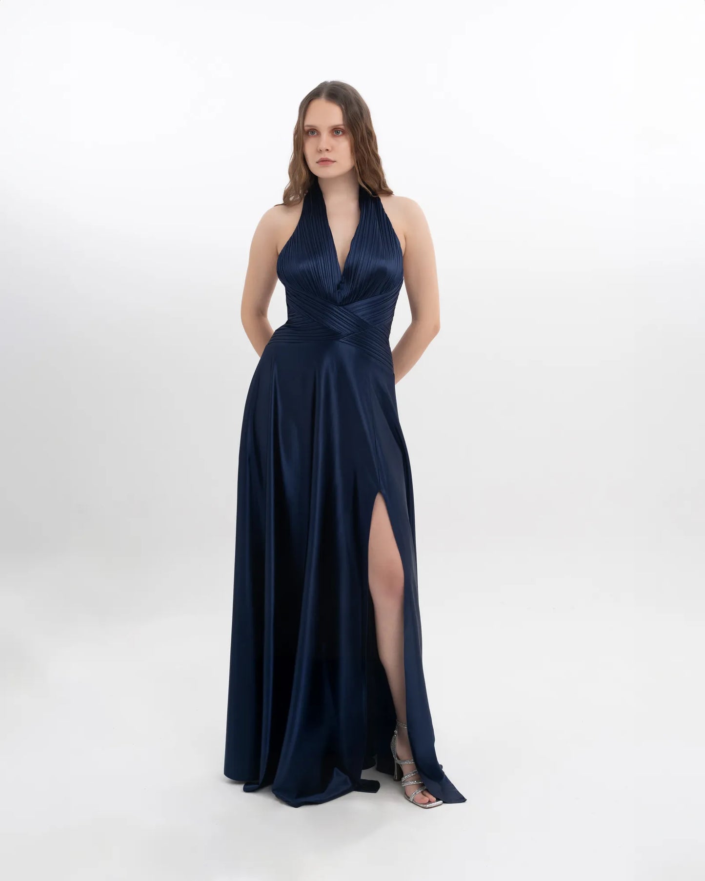 Metallic gown halter neck pleated detail