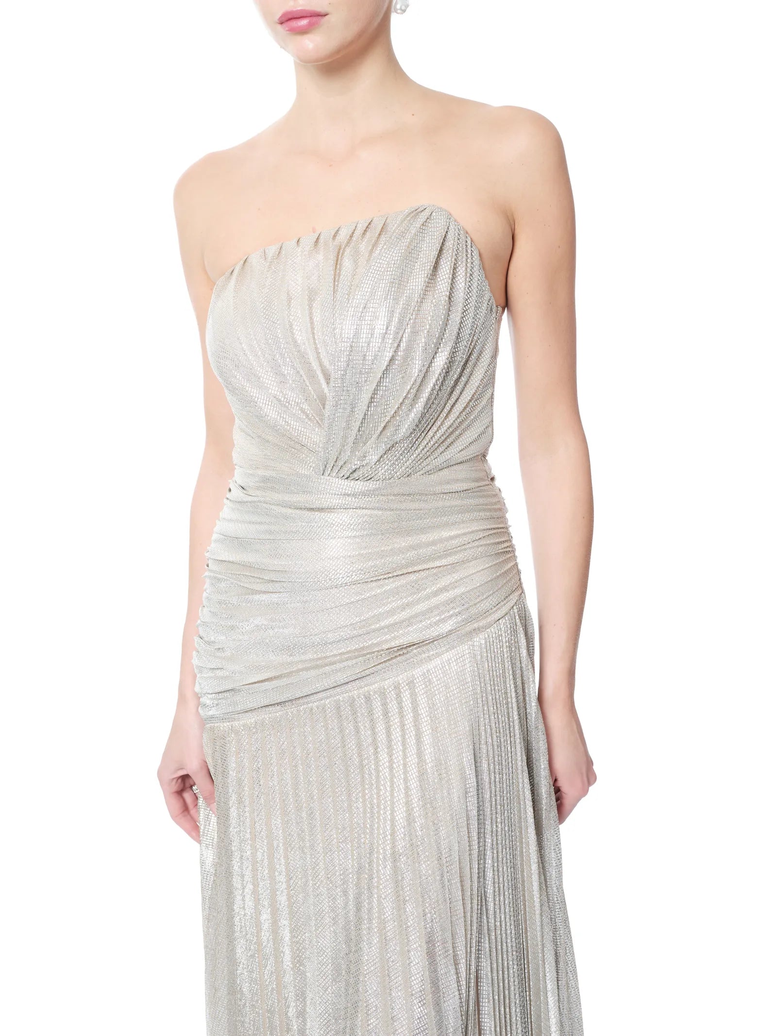 Metallic pleated gown strapless draped
