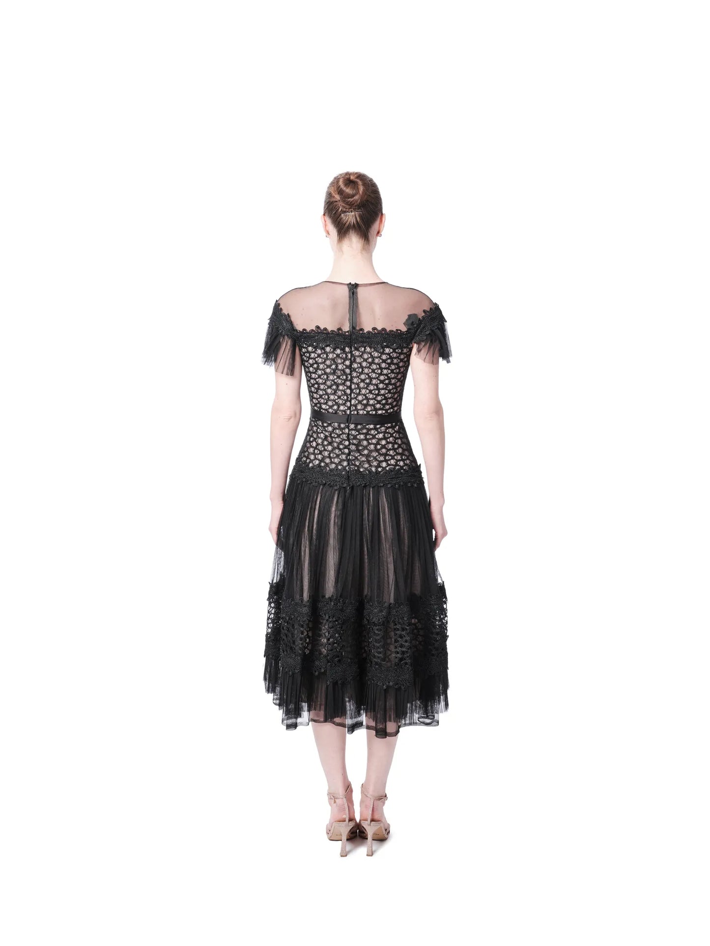 Midi cocktail dress lace off shoulder sheer