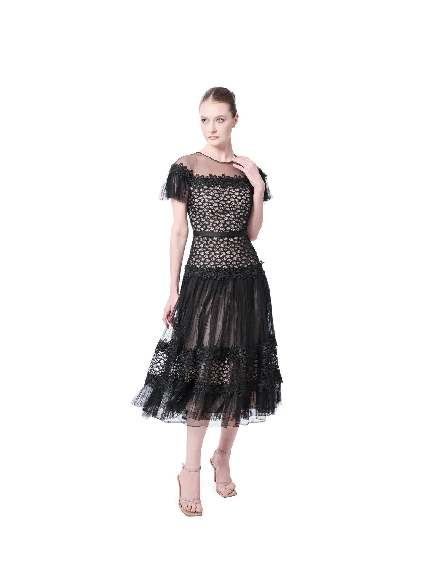 Midi dress lace off shoulder ruffle overlay