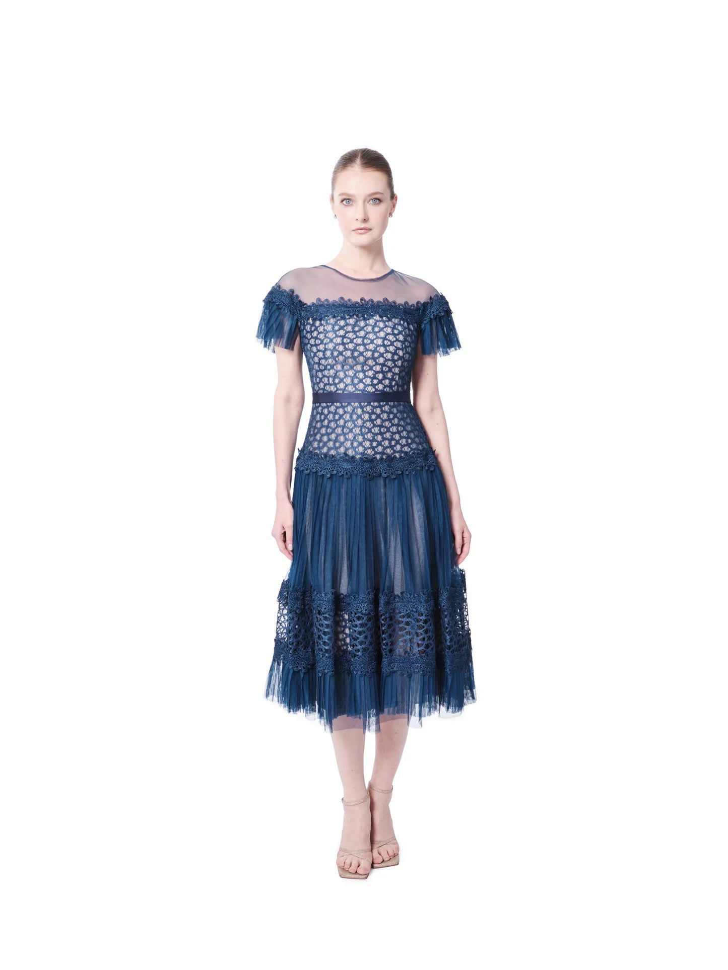 Midi dress lace with ruffle off shoulder and sheer overlay