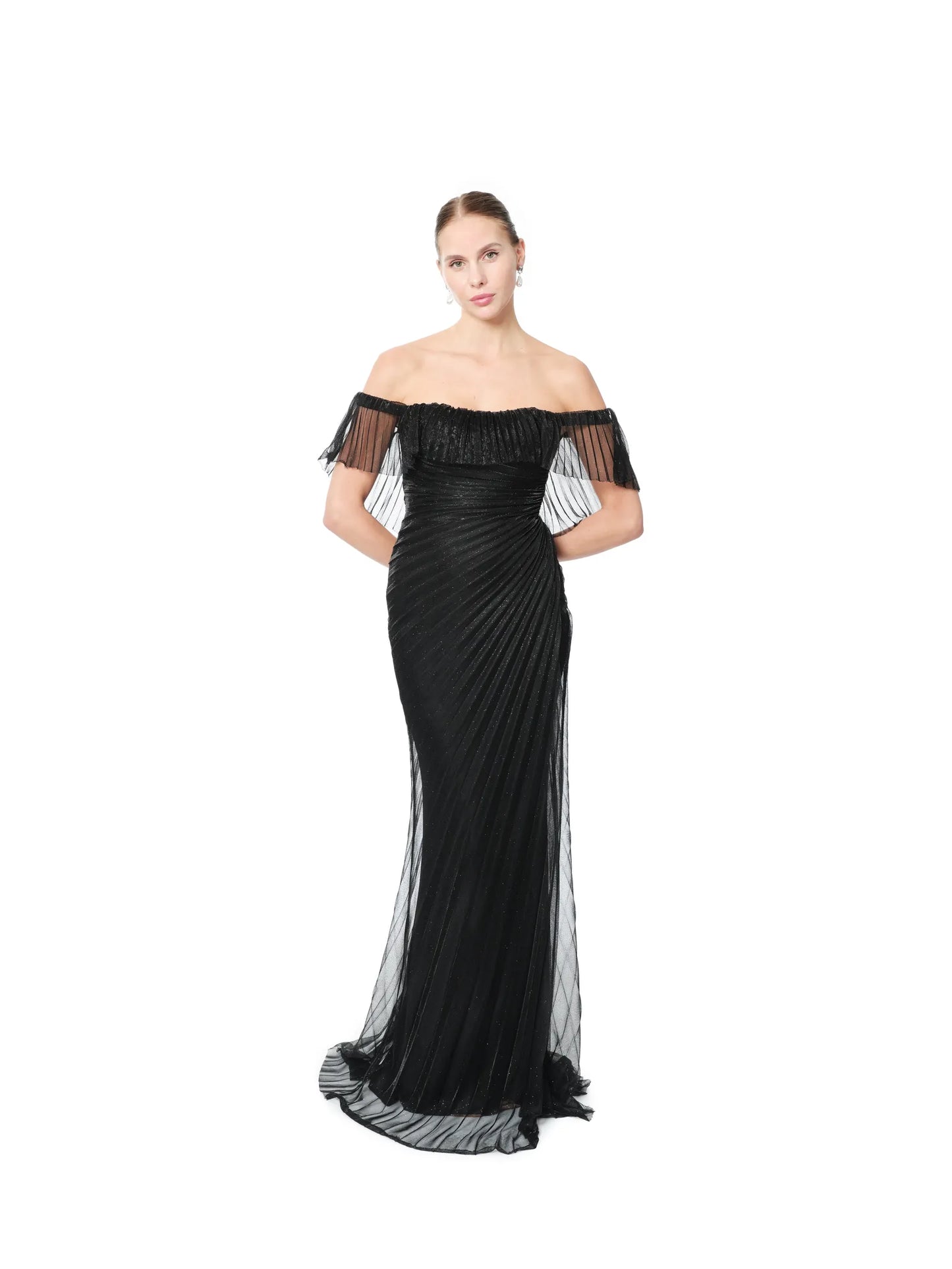 Off shoulder dress sheer overlay pleated back