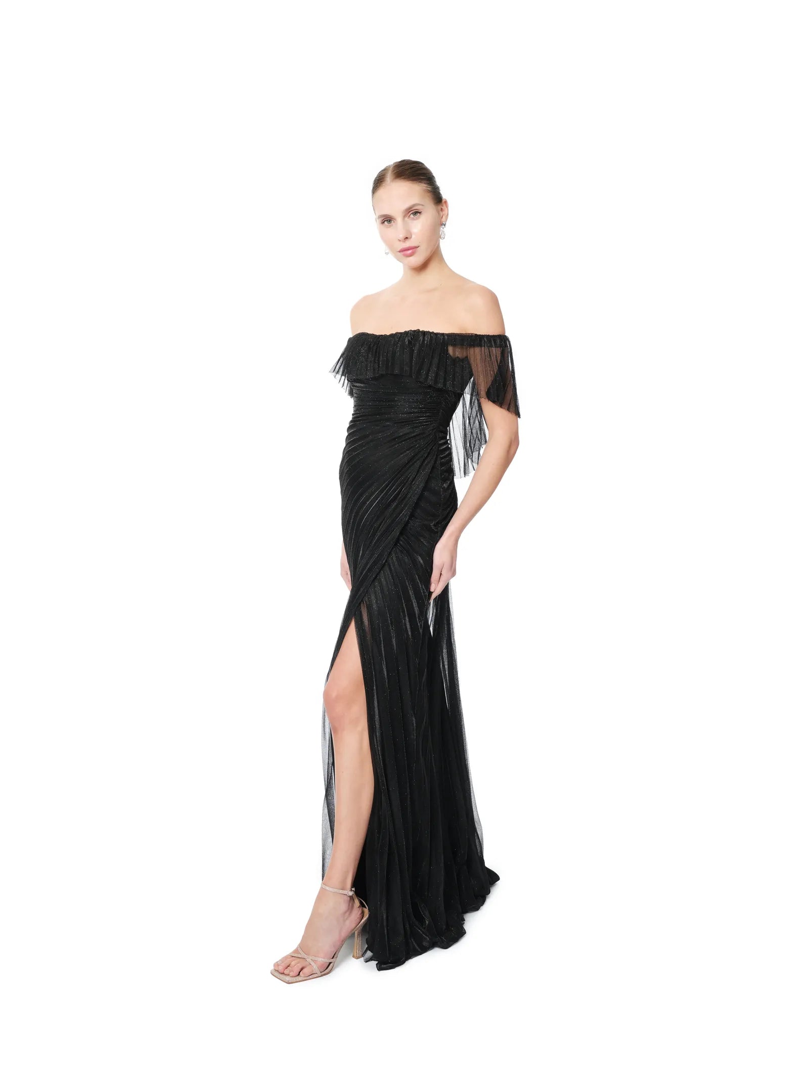 Off shoulder evening dress pleated sheer detail