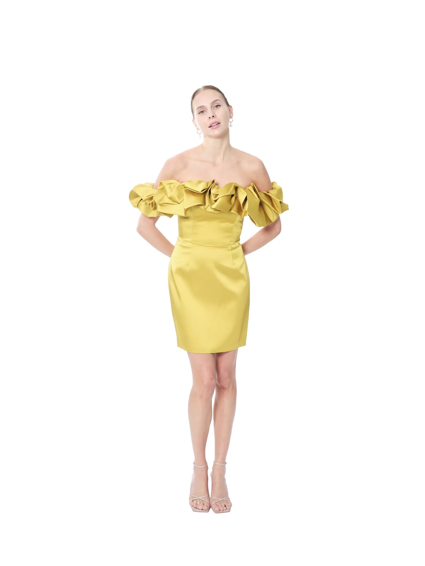 Off shoulder formal dress satin ruffle back