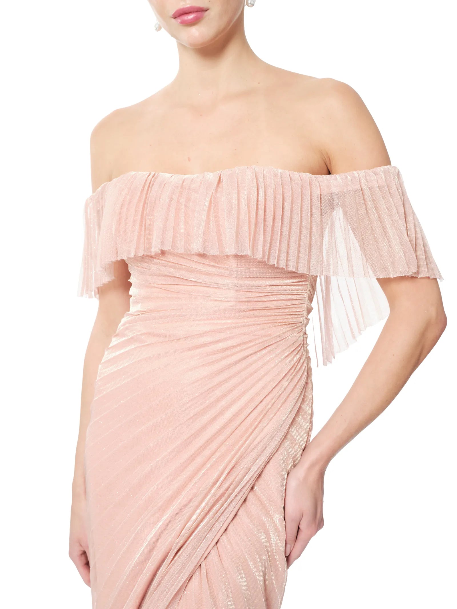 Off shoulder gown pleated with sheer overlay