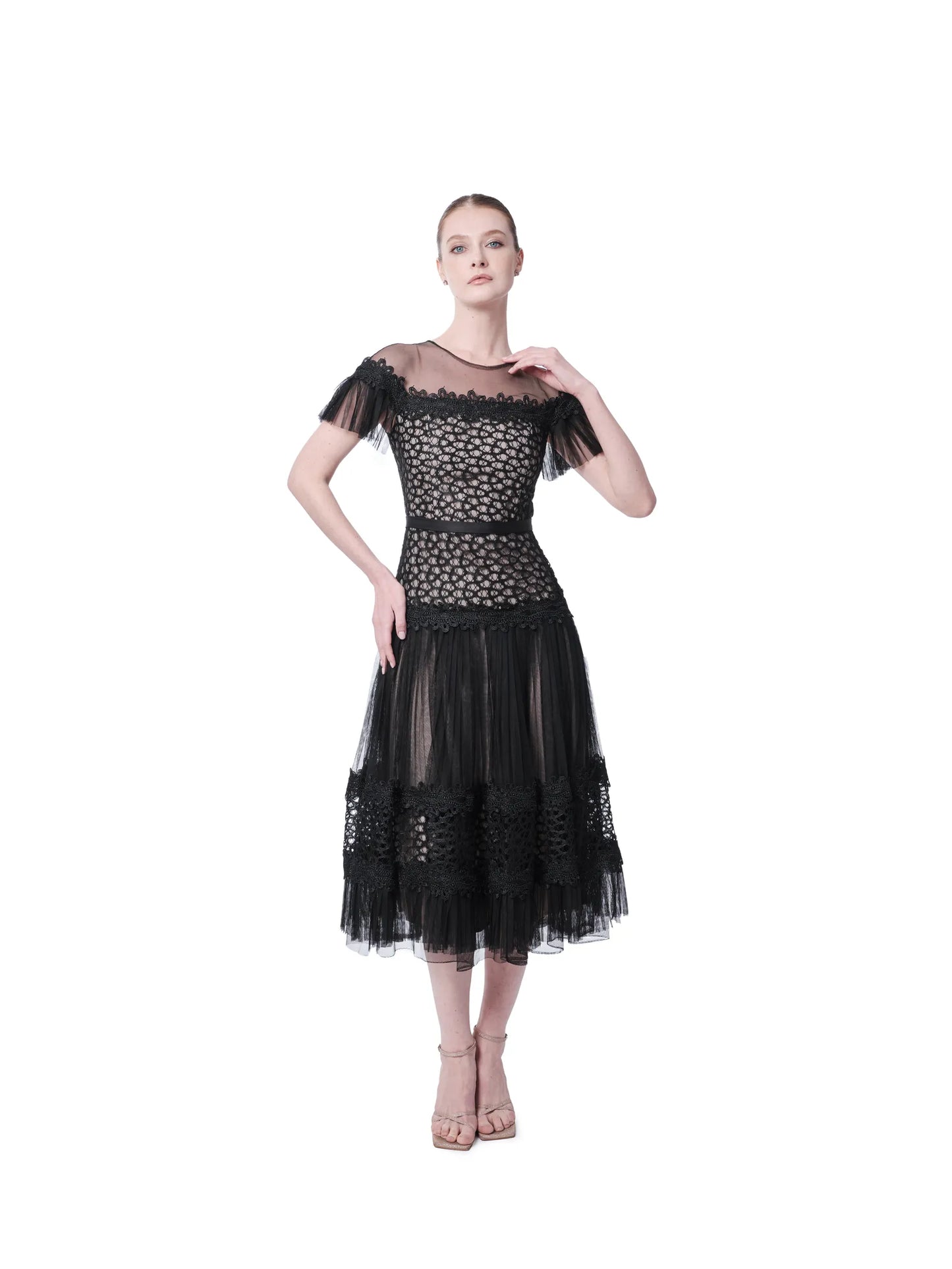 Off shoulder lace midi dress ruffle overlay