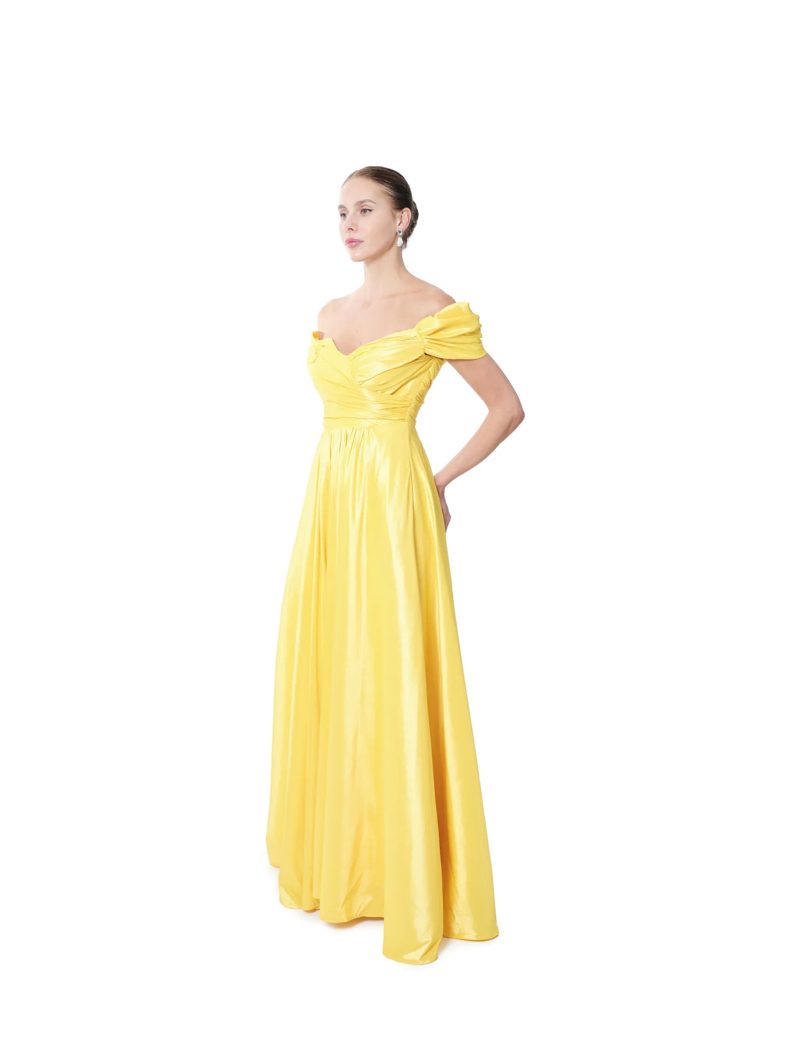 Off shoulder metallic dress pleated back