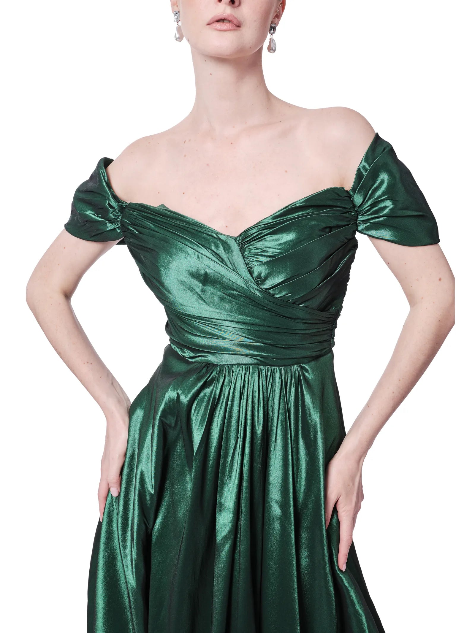 Off shoulder metallic gown A-line pleated