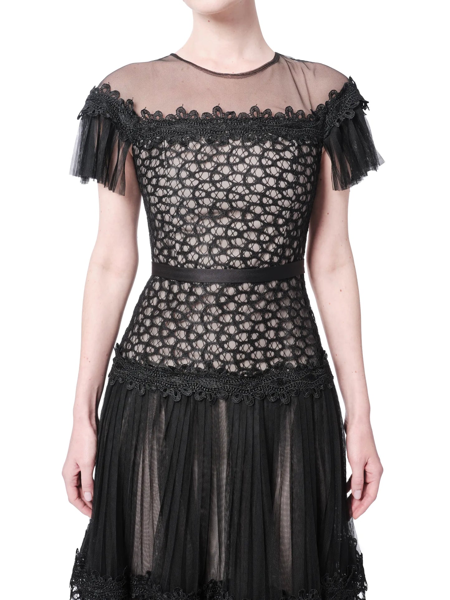 Off shoulder midi dress sheer lace ruffle