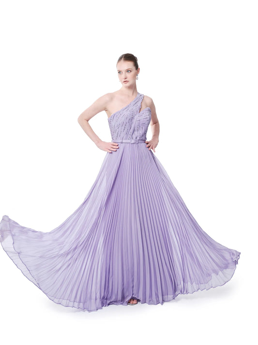 One shoulder long evening dress with pleated skirt and beaded detail