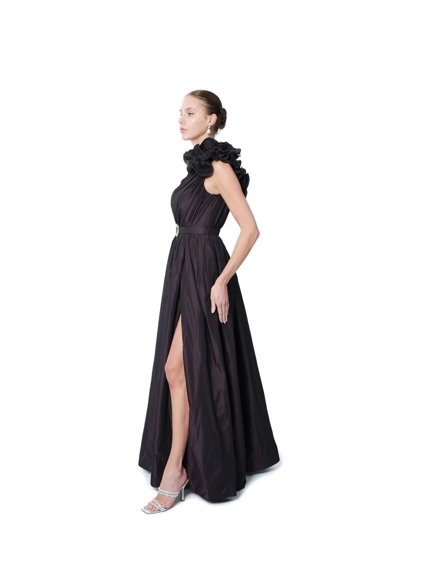 One shoulder formal gown floral crystal belt