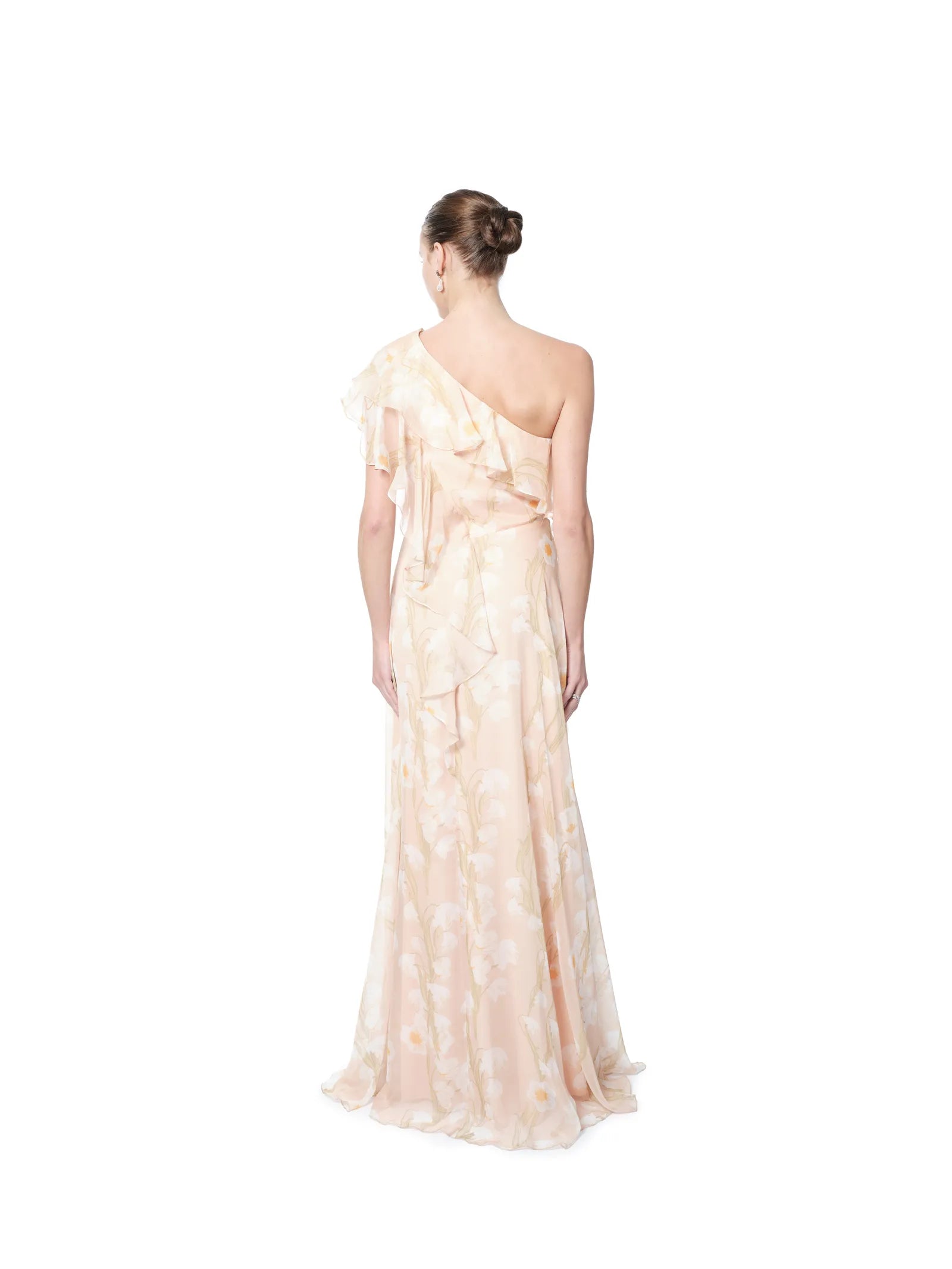 One shoulder maxi dress floral ruffled slit