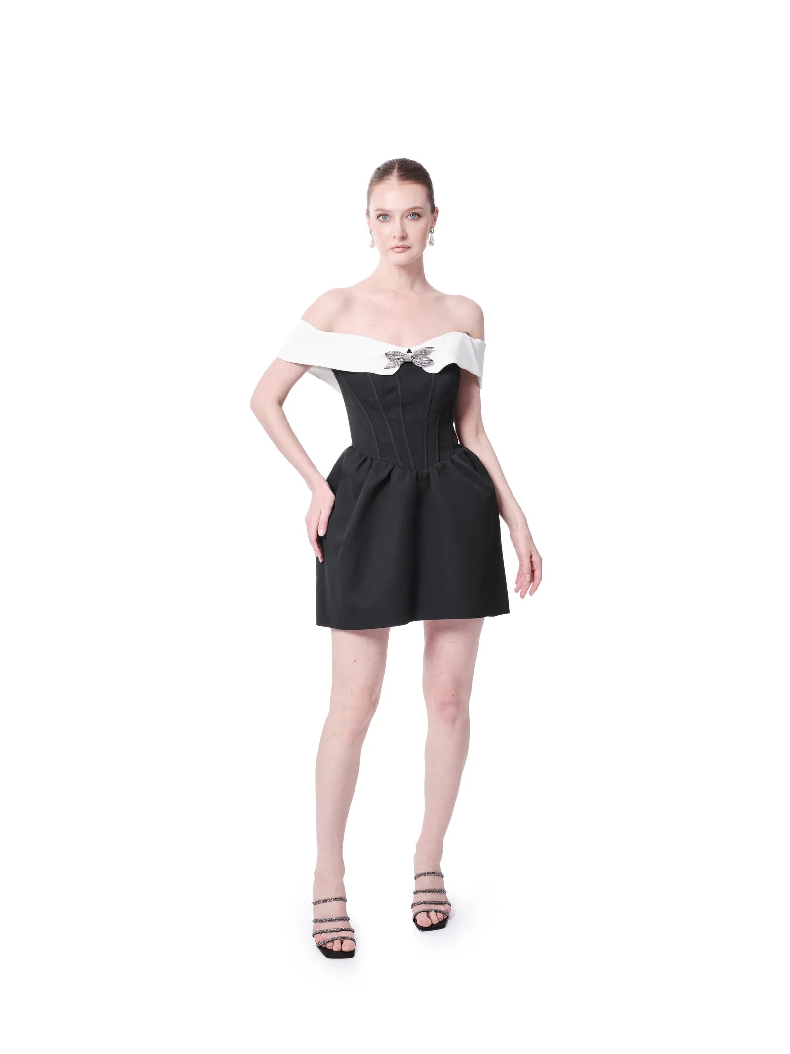 Pleated cocktail dress bow detail off shoulder side view