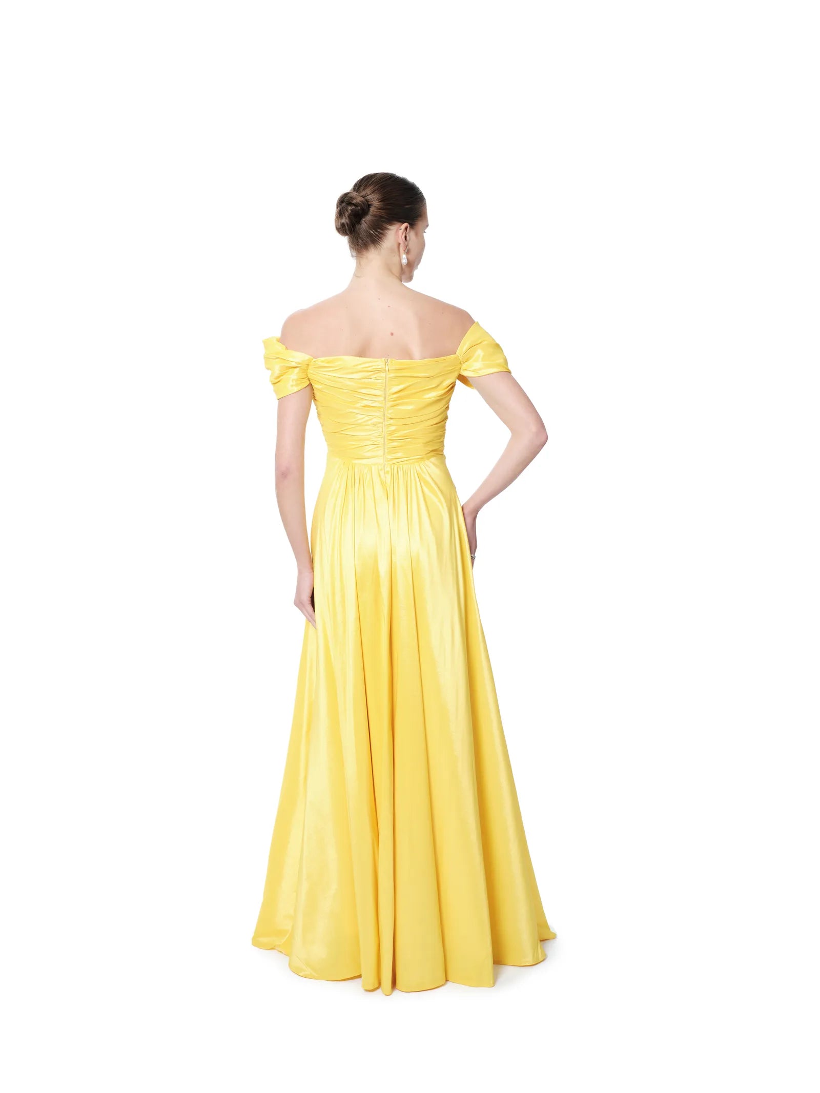 Pleated evening gown metallic off shoulder