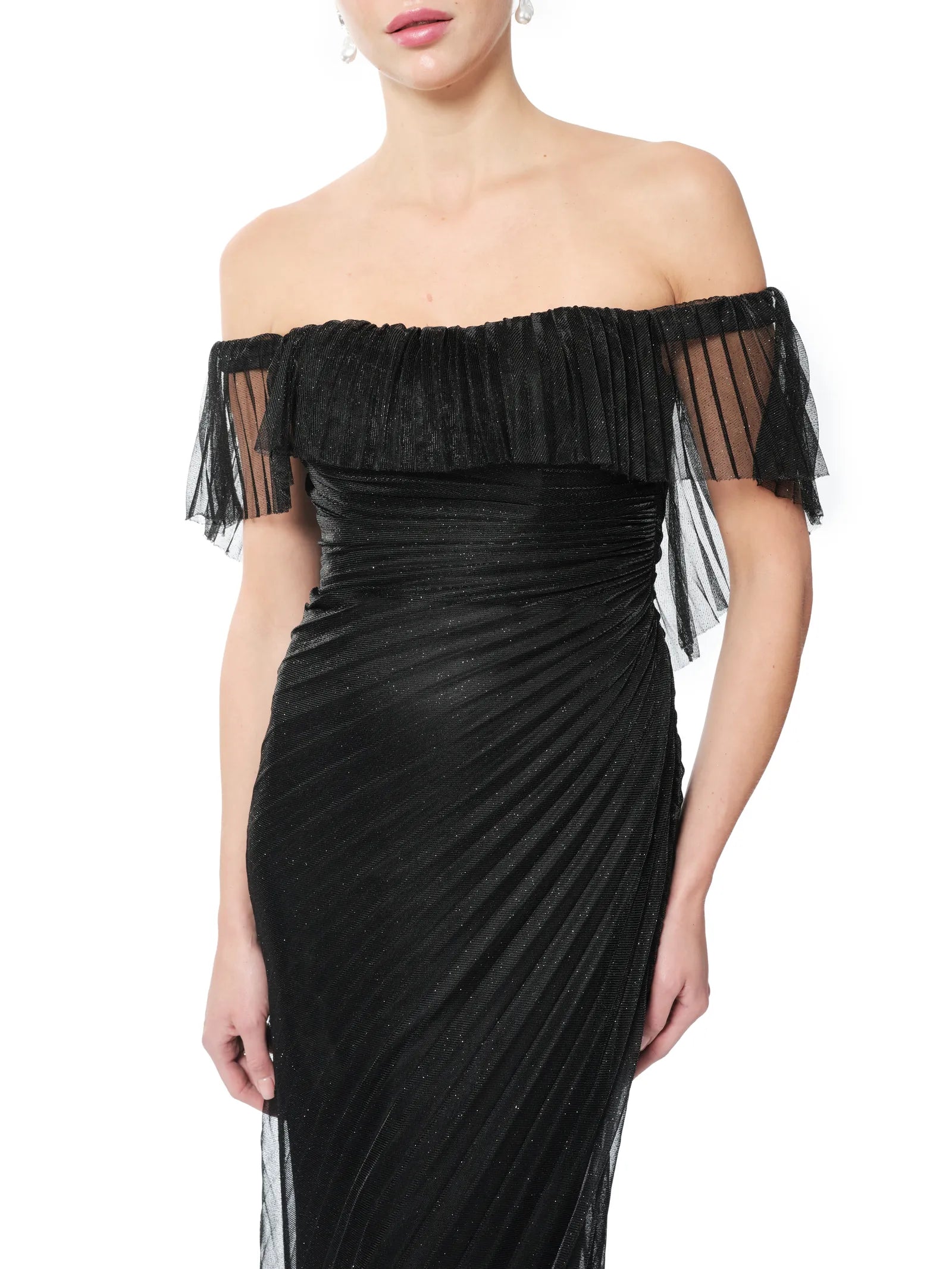 Pleated gown off shoulder with sheer overlay