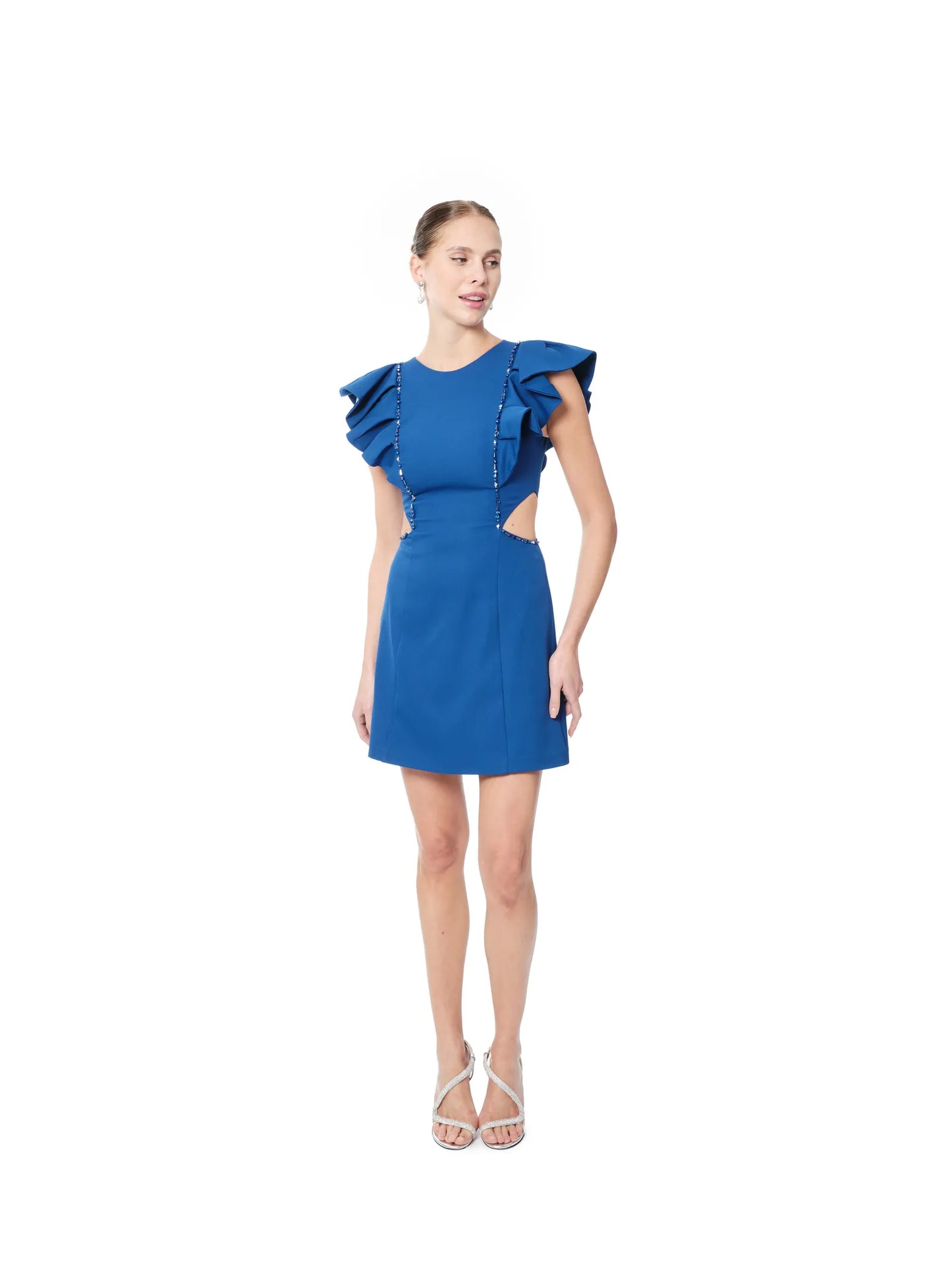 Ruffle shoulder dress side cutout back