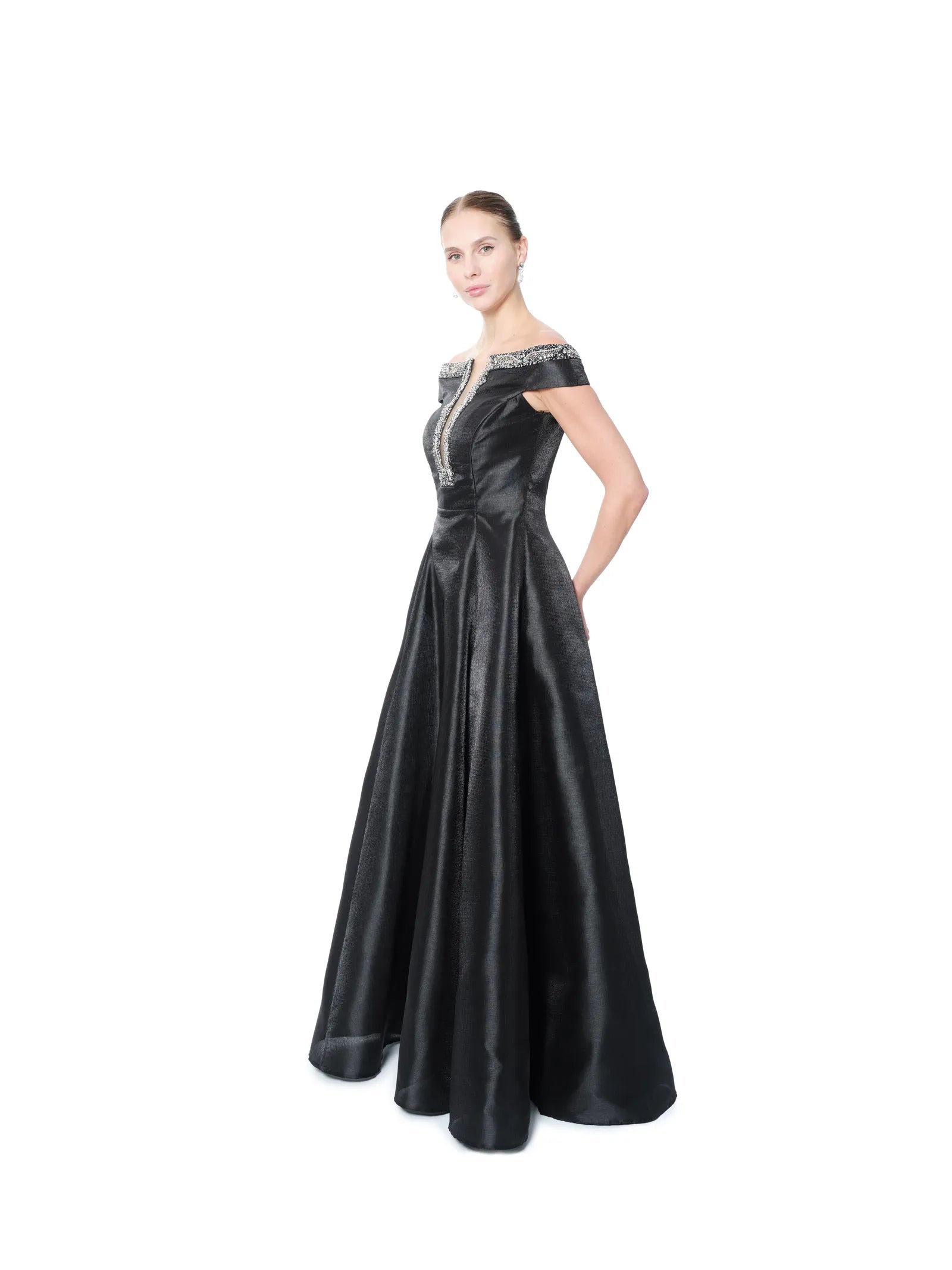Satin evening gown off shoulder beaded V-neck