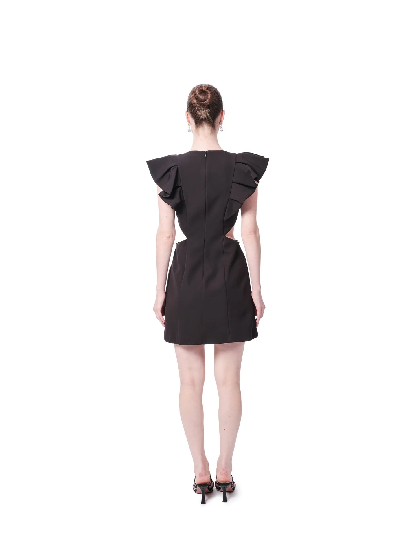 Short cocktail dress ruffle shoulder side cutout