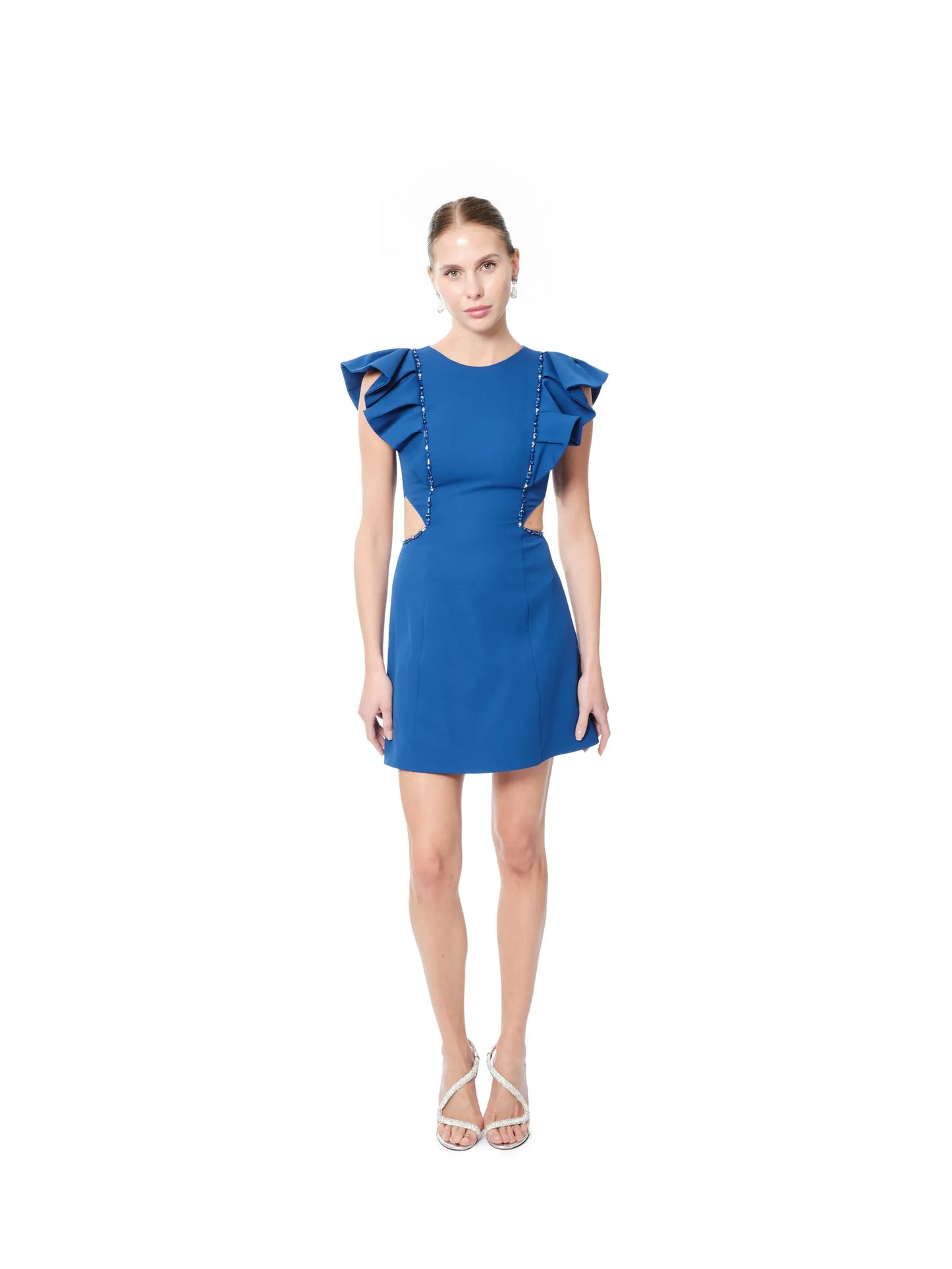 Short cocktail dress ruffle shoulder fitted