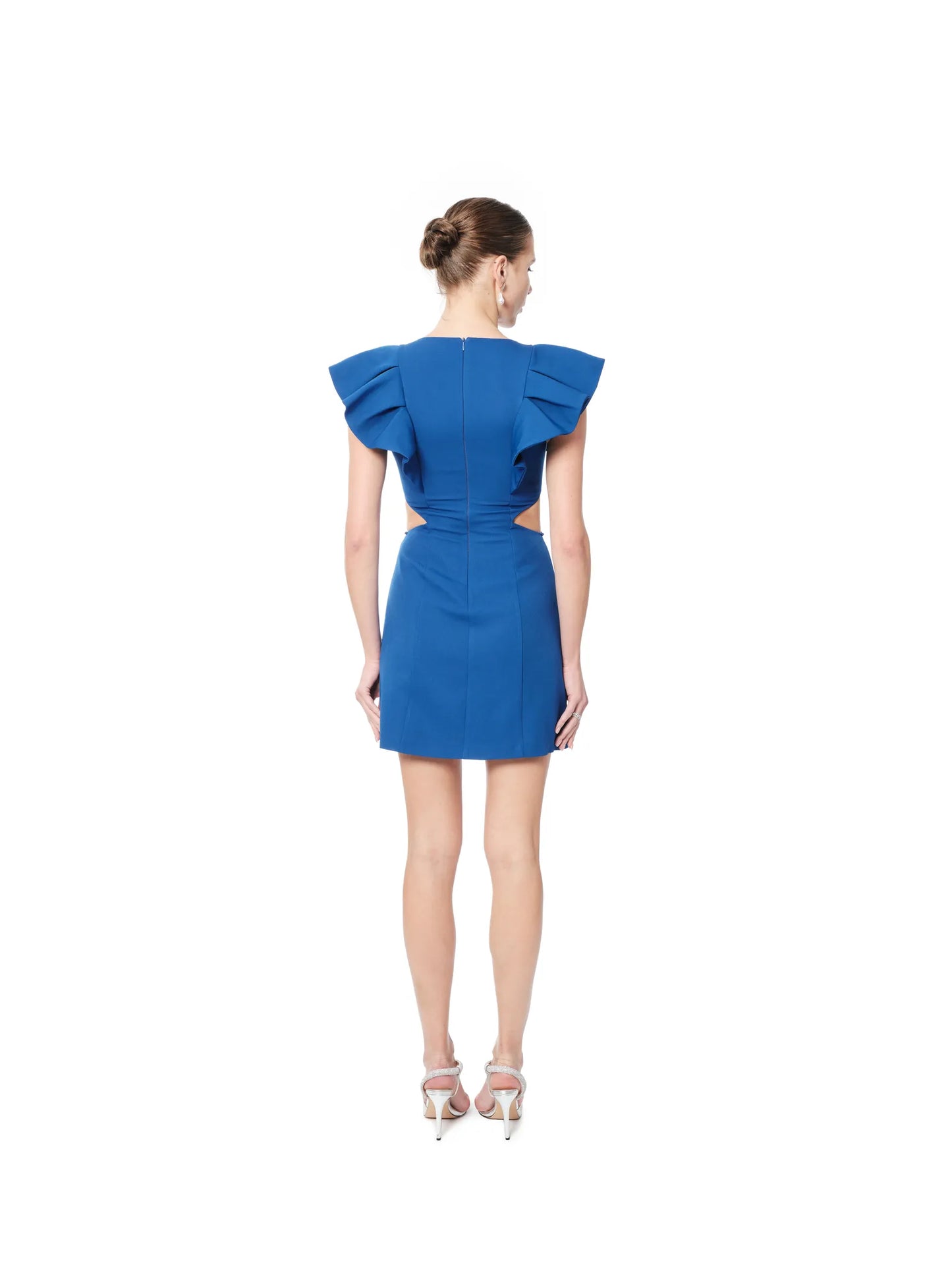 Short dress ruffle shoulder cutout detail