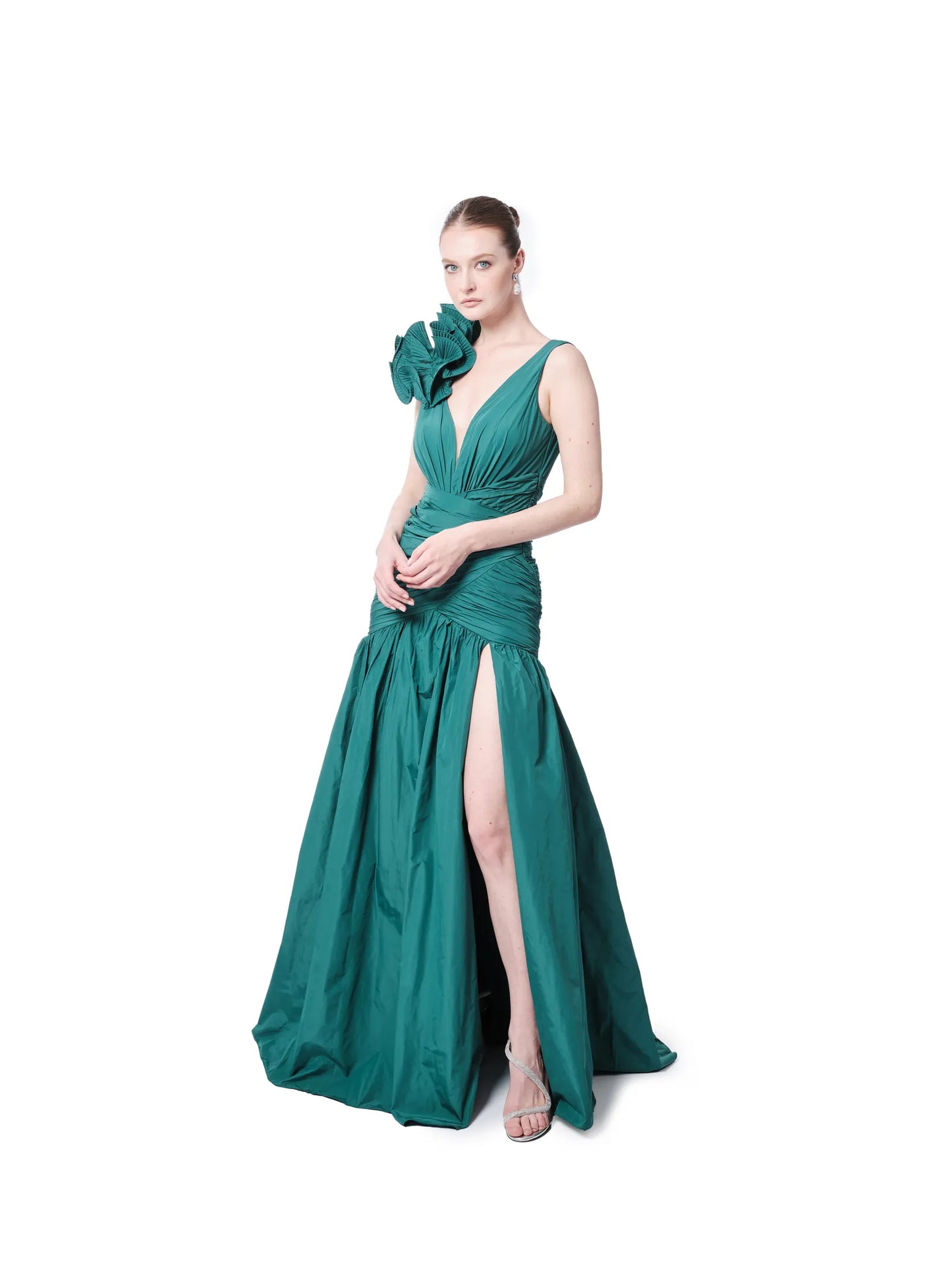 Sleeveless evening gown floral V-neck
