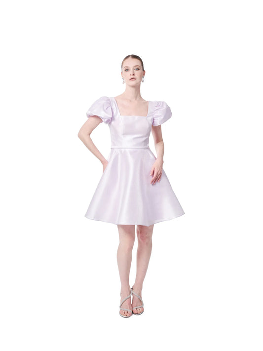 Square neck puff sleeve cocktail dress with flared hem