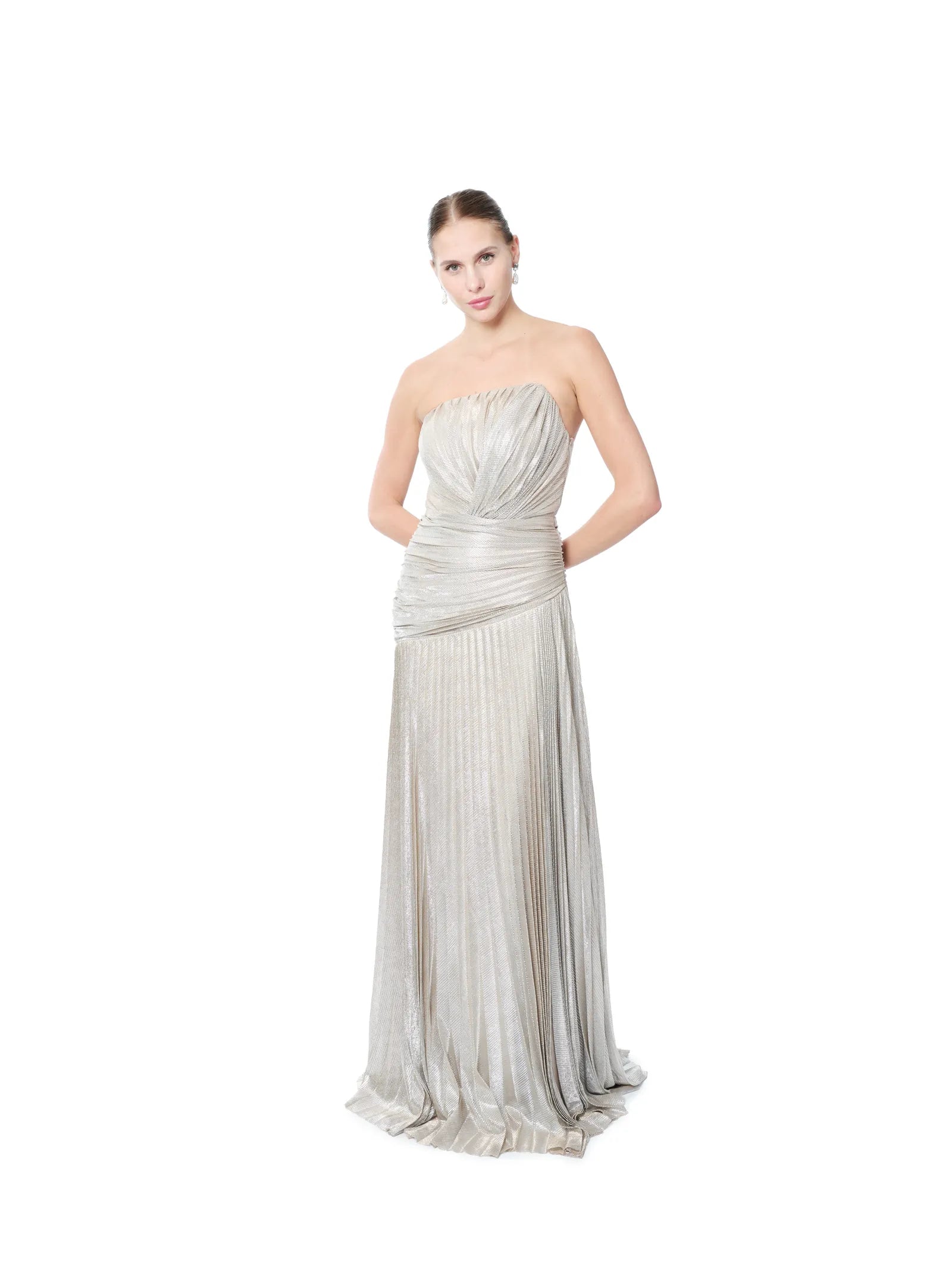 Strapless formal gown metallic draped waist