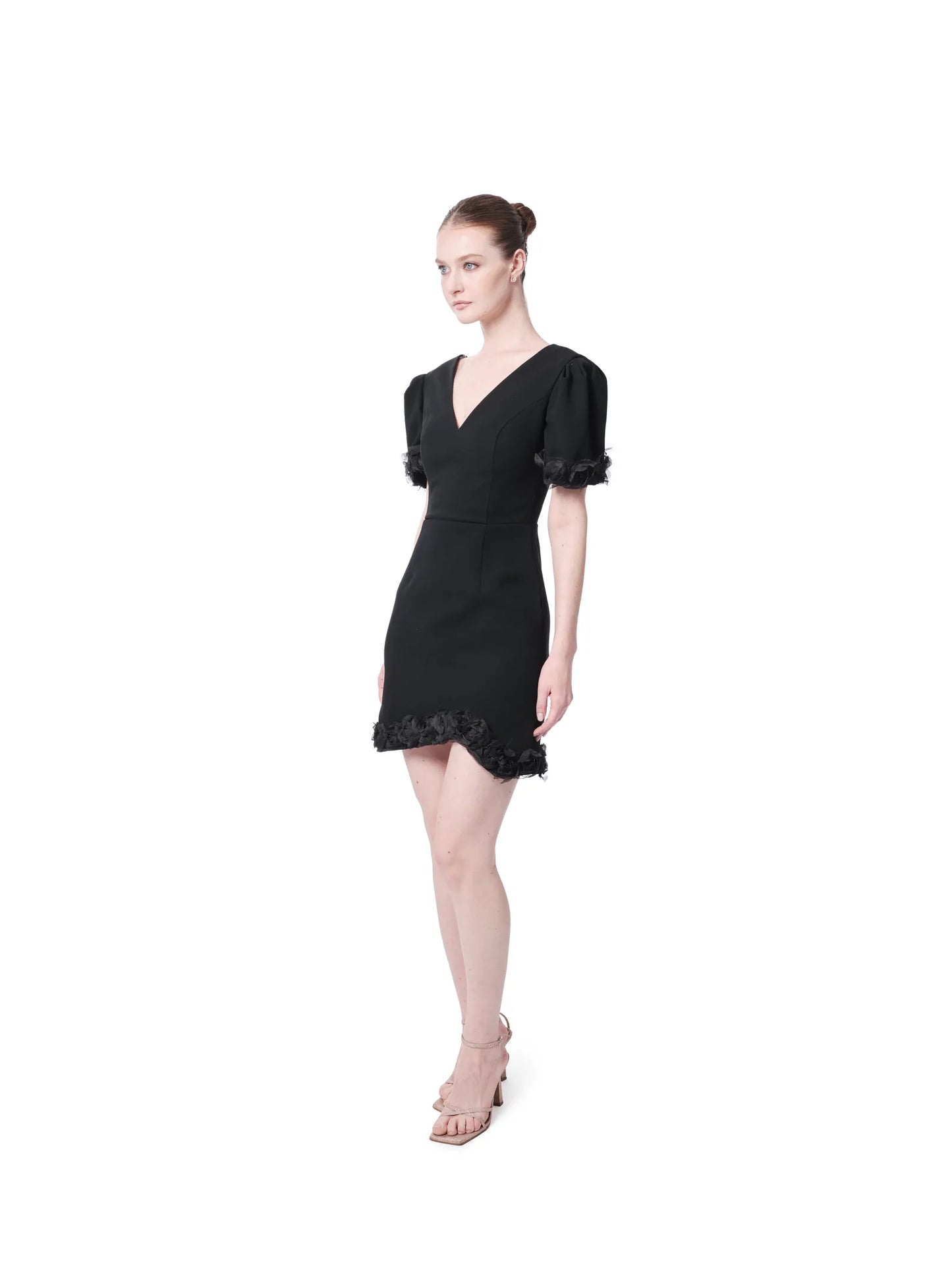 V-neck cocktail dress puff sleeve embellished