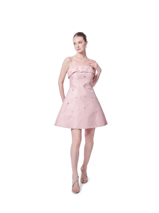 Beaded short dress with thin straps A-line and pockets