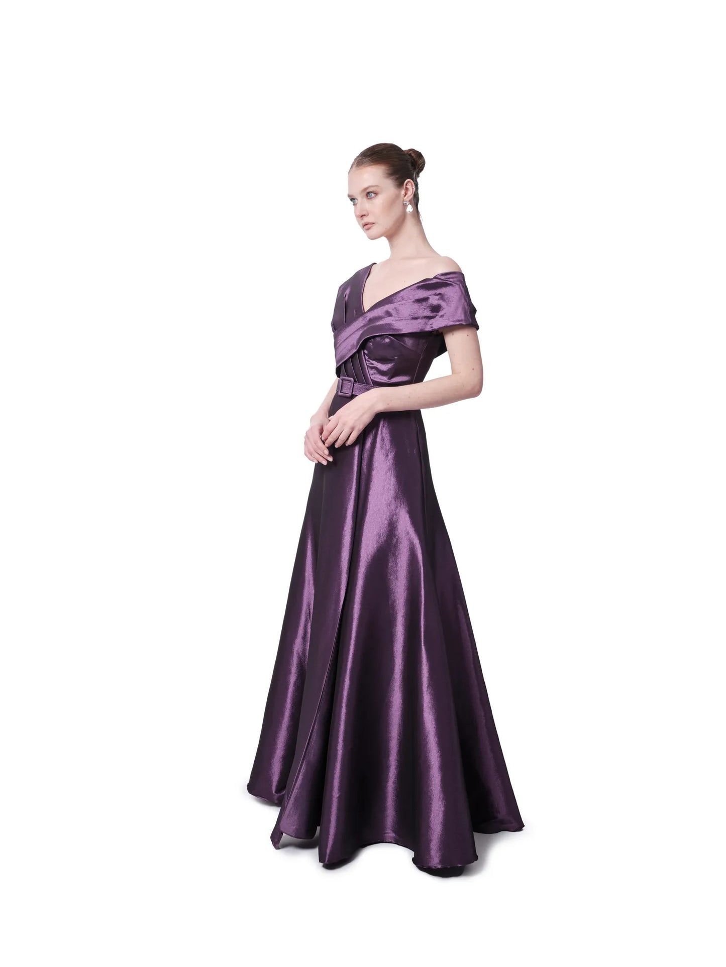 Evening dress off shoulder belted wrap