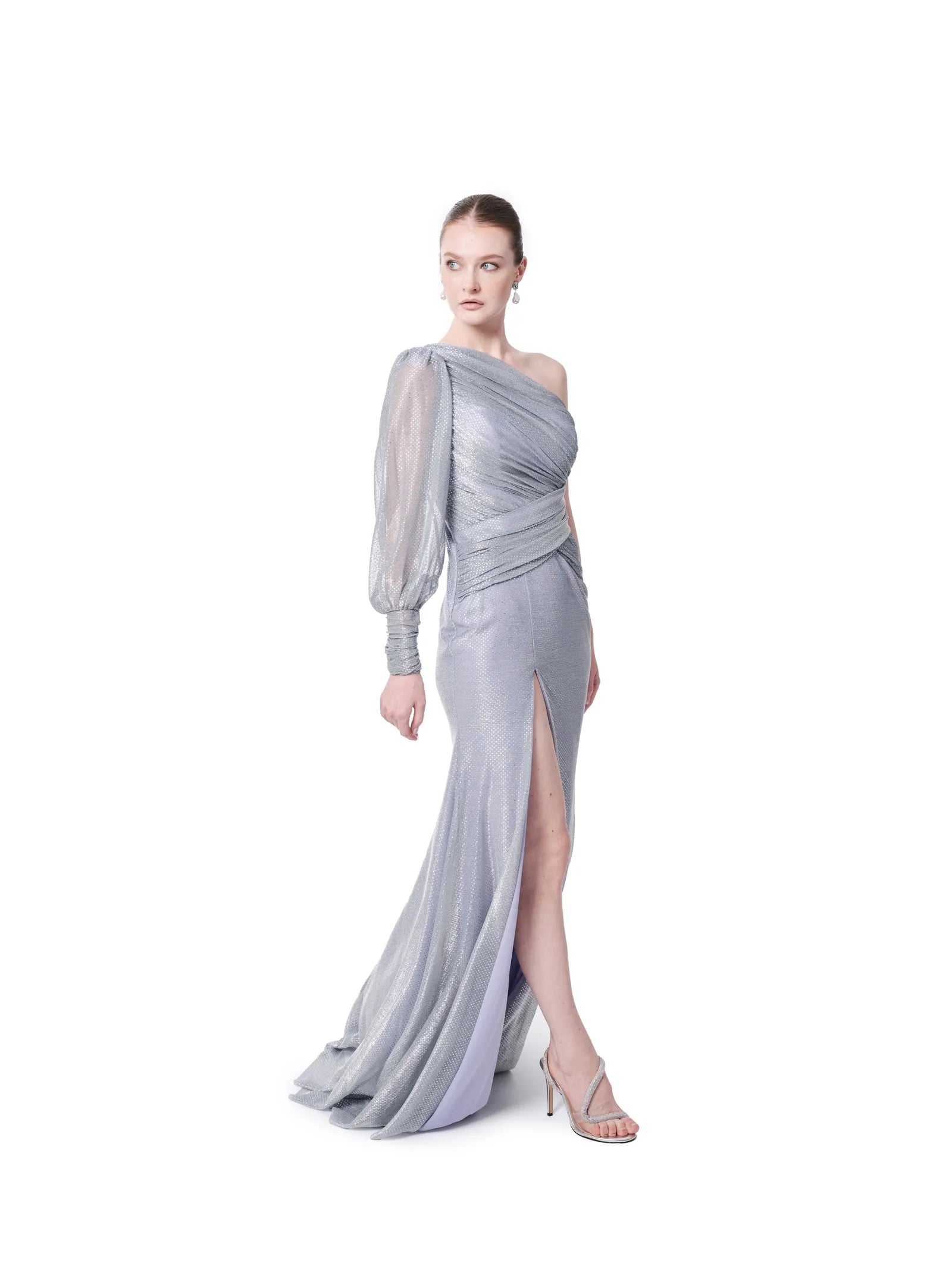 Evening dress one shoulder shimmer fabric